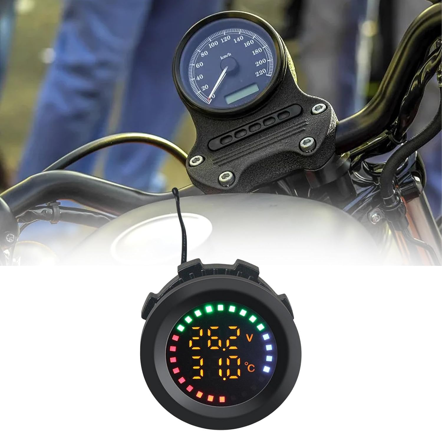 Harayaa Car Temperature Gauge Voltmeter 12V-24V Temp Detector Professional round Panel Versatile Replacement Parts Colorful Display Volt Tester image number 1