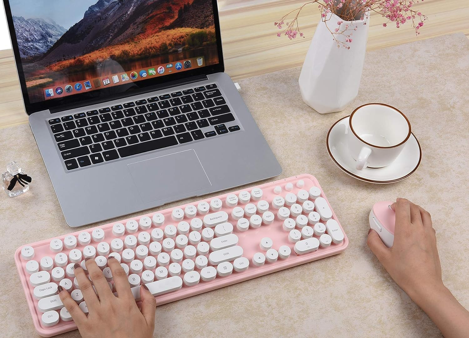 Youker Wireless Keyboard and Mouse Combo USB Wireless Retro Keyboard with round Keycaps 2.4Ghz Dropout-Free Connection Keyboard and Mice for Mac Windows 7/8/10/11 Laptop Desktop image number 1