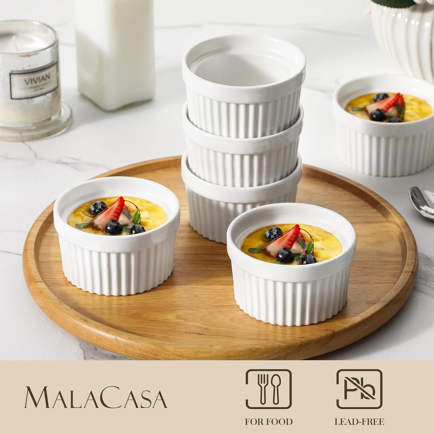 MALACASA Ramekins 6 Oz Oven Safe, Porcelain Creme Brulee Ramekins Pudding Custard Cups Small Ceramic Souffle Dishes Ramakan Ramiken Ramicans Baking Bowls Set of 6, White, Series RAMEKIN-DISH image number 1
