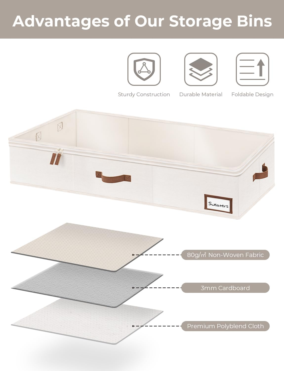 Storageworks Large under Bed Storage Containers with Handles and Label Holder, 2 Pack Ultra-Thick Fabric Underbed Bins, Closet Organizer for Clothes, Blankets, Sweater image number 2