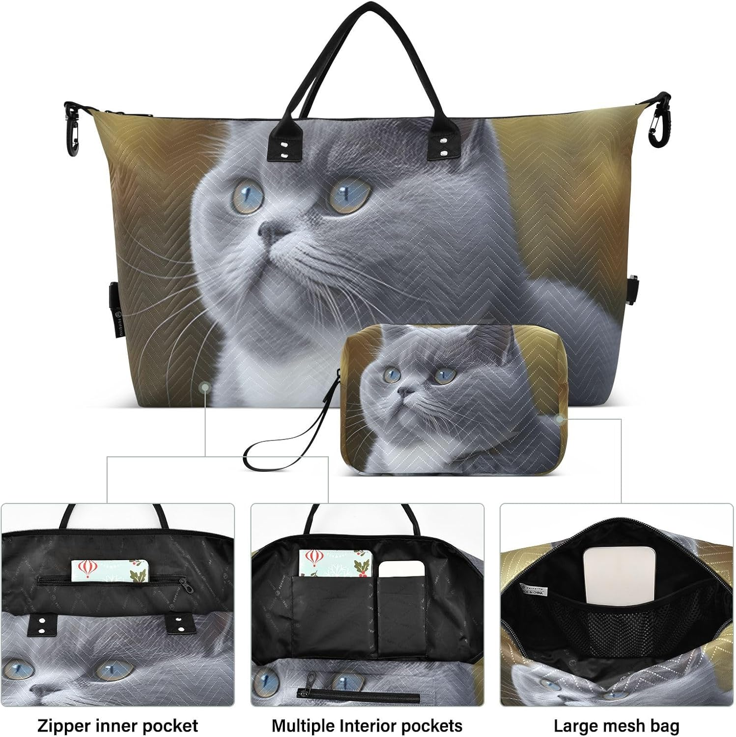 XYMZR Large Travel Duffel Bag, Grey Kitten Close up Sports Tote Gym Bag, Shoulder Weekender Overnight Bag for Women Men, Carry on Luggage with Toiletry Bags, Multi-Colored, Multi-Colored image number 1