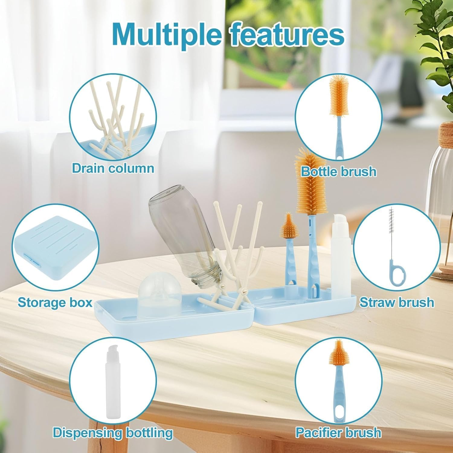 WADY Baby Bottle Brush Kit - Stable Bottle Cleaning Kit Easy to Use Baby Bottle Cleaning Tool Portable Traveling Bottle Cleaner Kit Versatile Baby Bottle Cleaner Brush Set for Babies (Blue) - Green image number 6