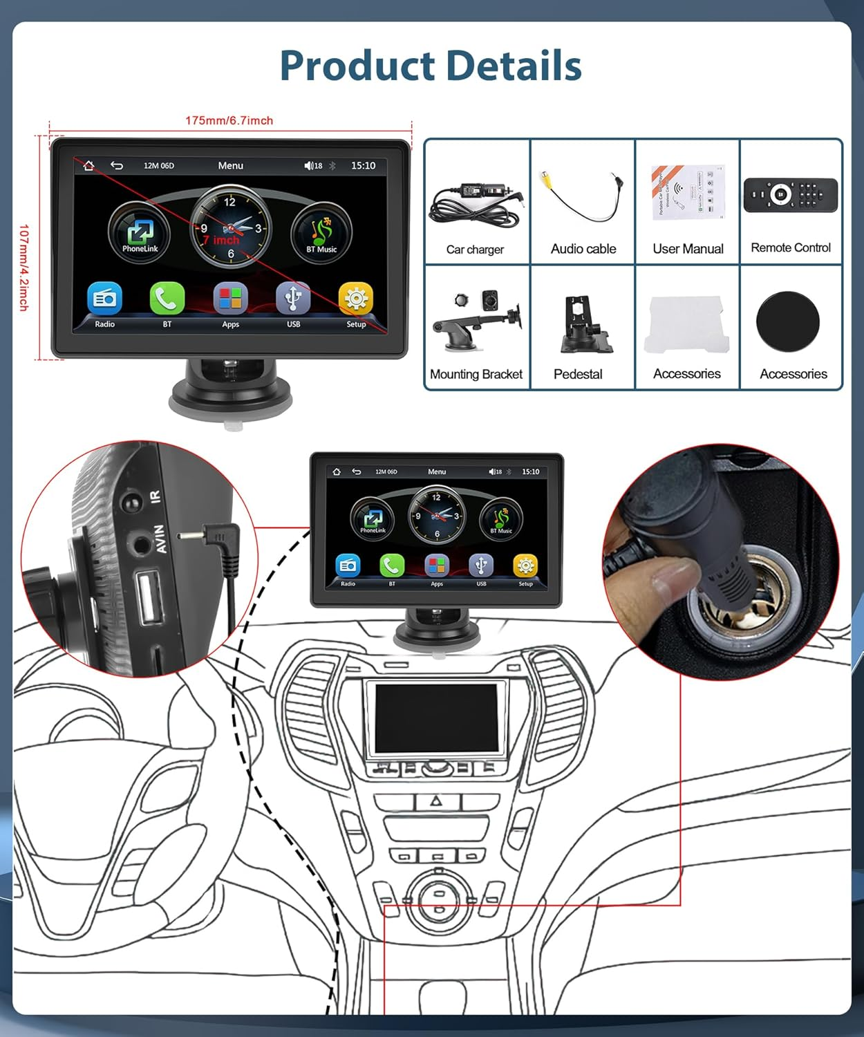 Wireless Carplay Screen Android Auto Portable Car Stereo Screen 7'' Touch Screen Portable Car Radio Wireless FM Transmitter GPS Navigation,Mirror Link,Voice Control, Bluetooth image number 3