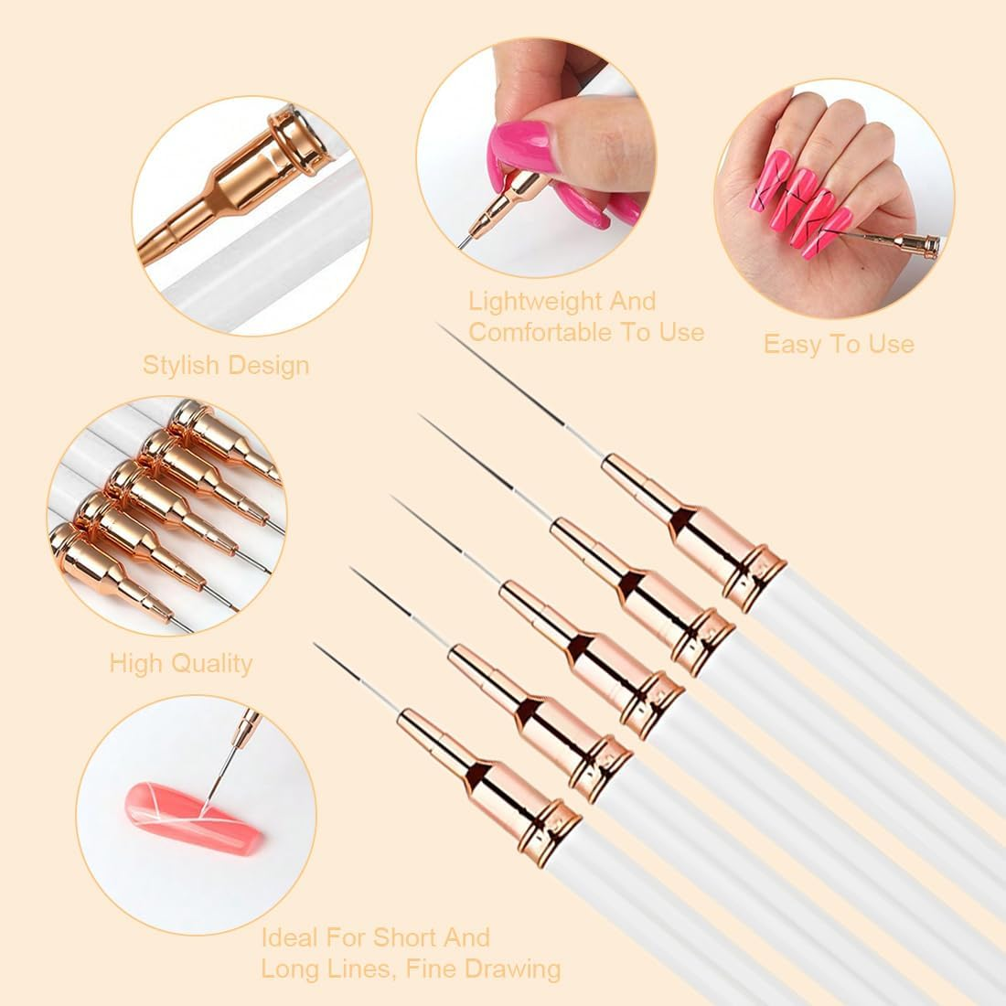 Weddhuis Pack of 5 Thin Nail Art Liner Brushes, Professional Nail Art Fineliner, Nail Design Brushes with Extremely Fine Bristles for DIY Nail Art, Salon, and Home Use image number 5