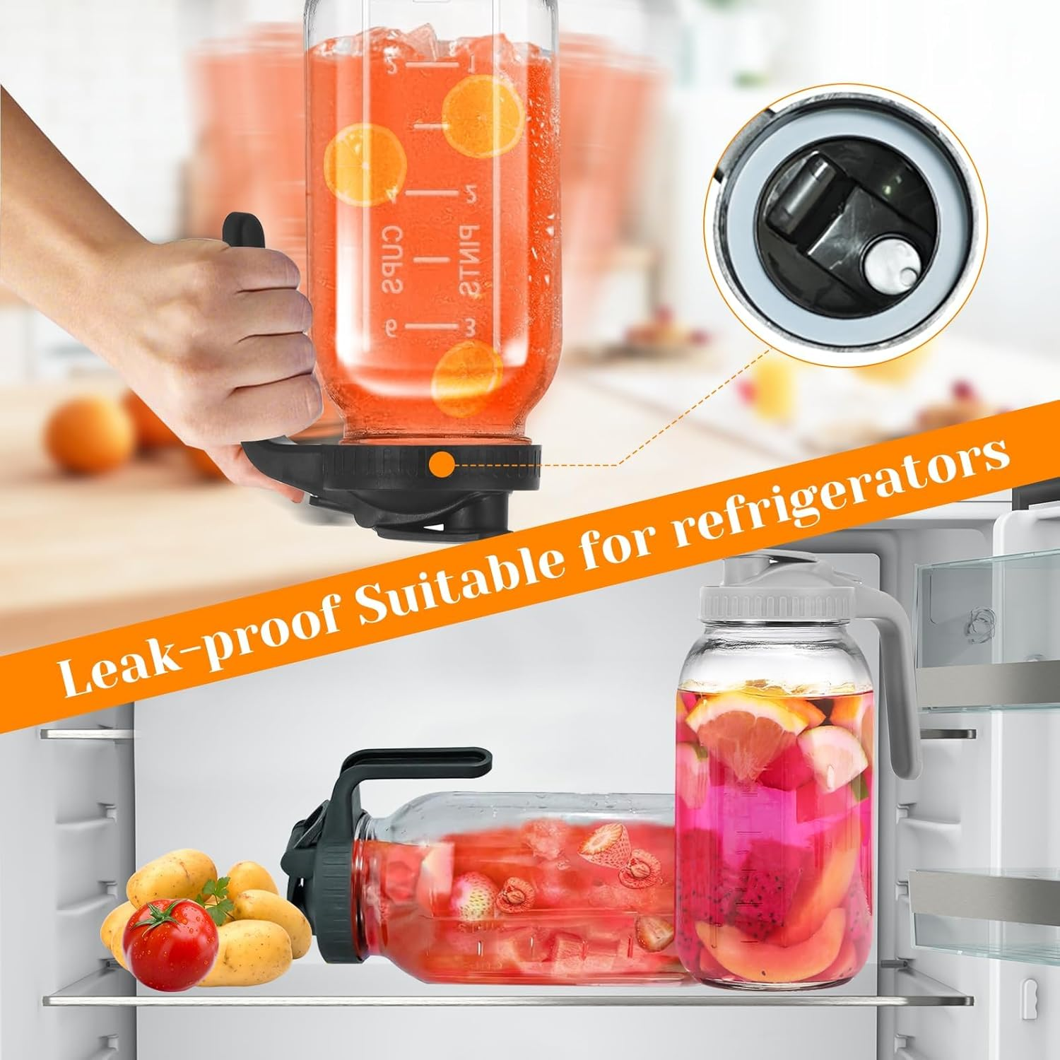 AVITONG 2 Pack Glass Drink Jugs with Handles & Lids &ndash; 1.9L Large Capacity Water Pitchers for Iced Tea, Juice, Lemonade & Fruit Infusion &ndash; Bpa-Free, Leakproof, Fridge & Dishwasher Safe image number 6