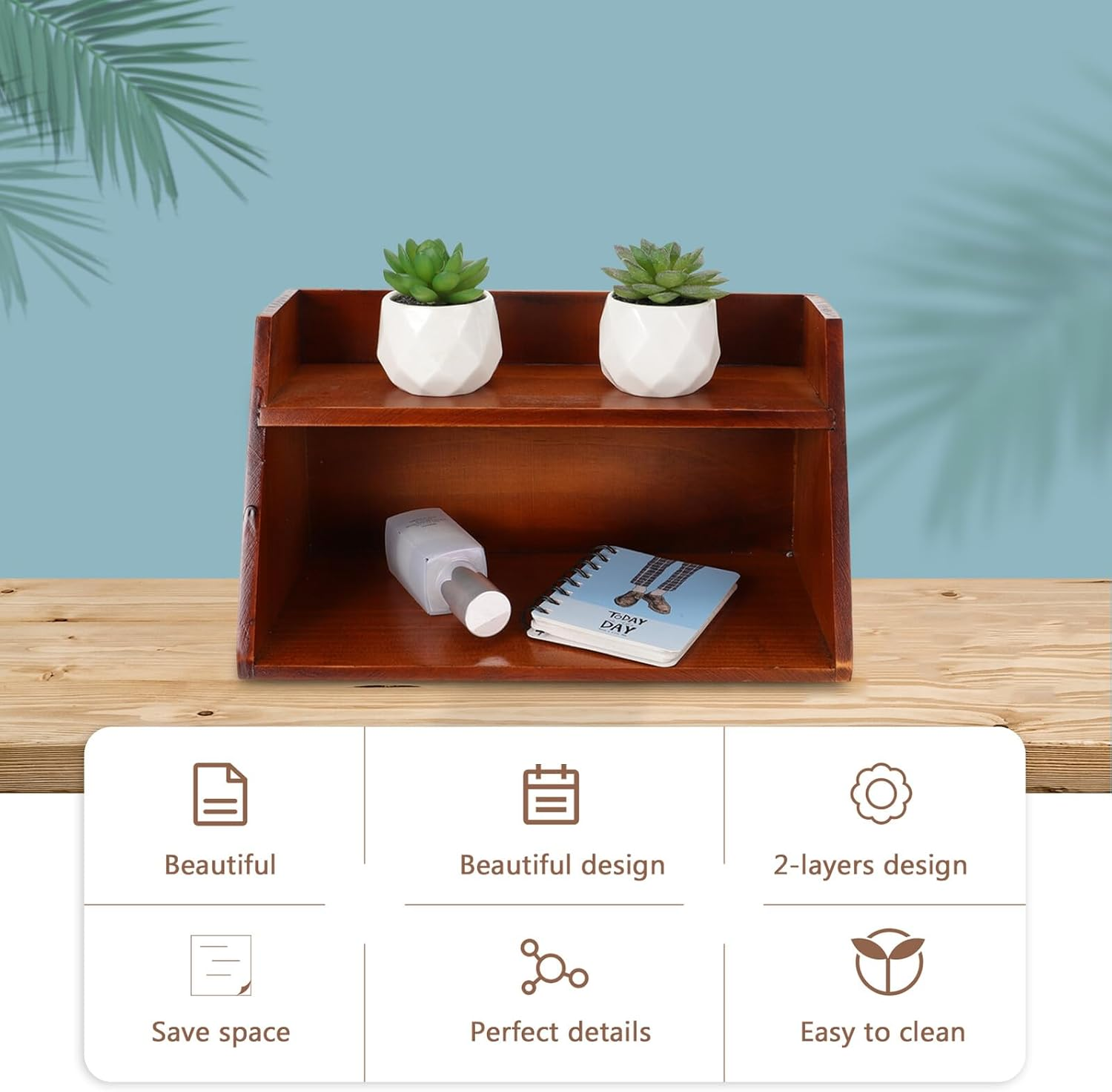 Anneome Wall-Mounted Wooden Storage Rack, Multifunctional Desk Organizer for Sundries, 2-Tier Vintage Style Makeup and Office Storage Holder, image number 4