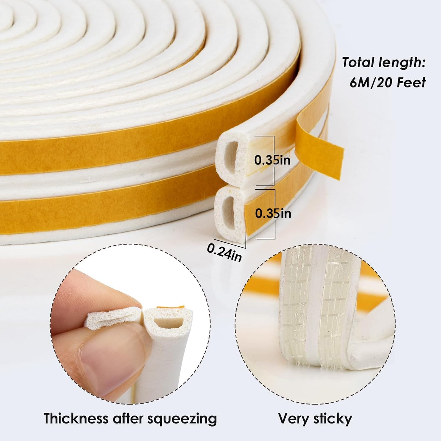 Door Weather Stripping, Window Seal Strip, Draft Excluder for Doors Self Adhesive Foam Weather Stripping Door Seal Strip Door Insulation Strip Draught Excluder Tape for Doors 20 Feet image number 3