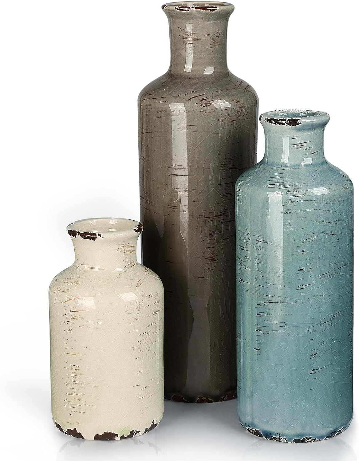 CUCUMI Ceramic Vase Set of 3, Rustic Coastal Farmhouse Decor for Shelves, Ocean Beach Style Small Flower Vases for Home Decor, Mantle, Fireplace, Table, Shelf Decorations for Living Room