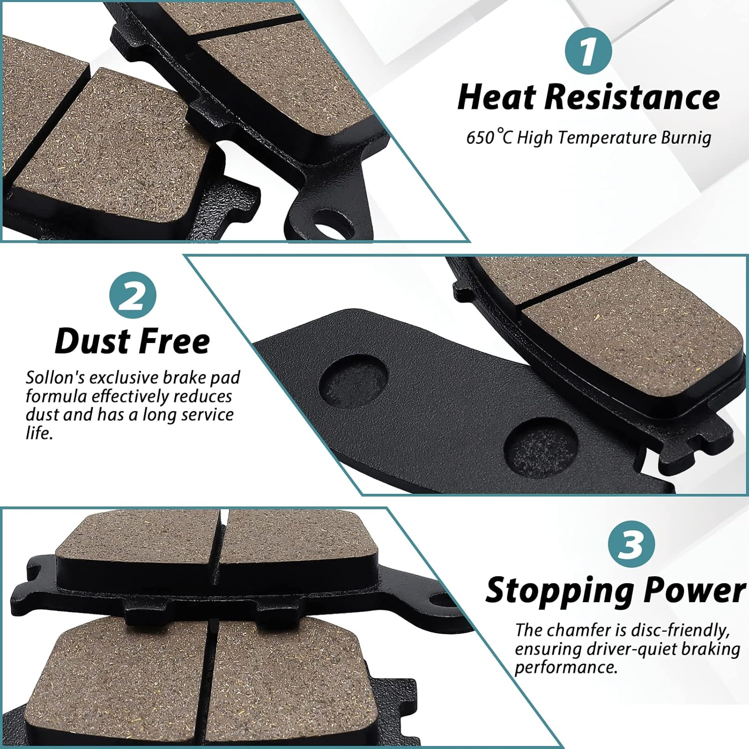 SOLLON Front and Rear Brake Pads for Kawasaki 650 Z650 ER 650 2017-2020 Z750 ZR 750 2007-2011 KLE650 Versys 650 2016-2020 for Honda 600 CB600F Hornet 1998-2006 CB600 Hornet S 2000-2004 CB750 1992-2002 image number 1