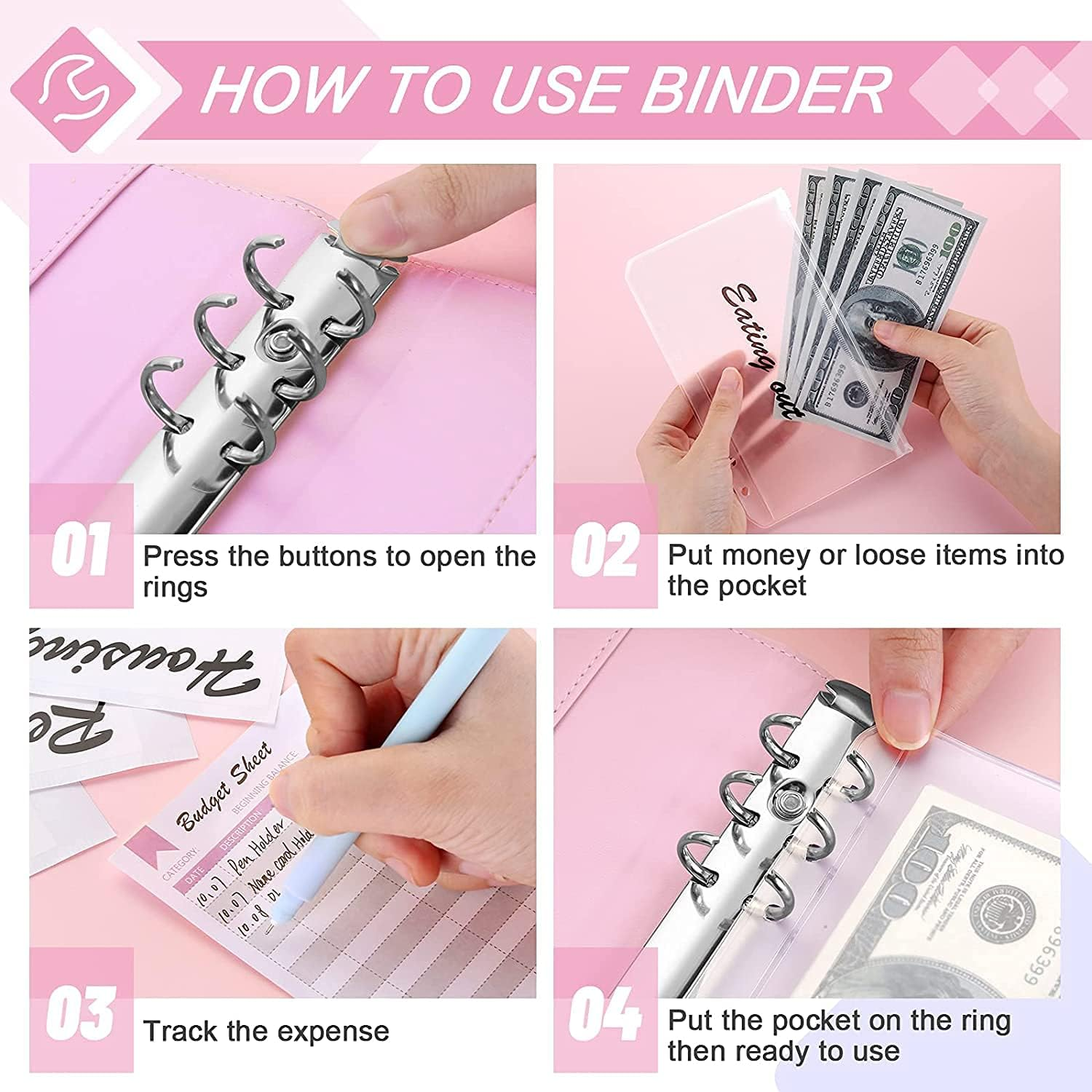 A6 PU Leather Binder Budget Planner Organizer - 6 Ring Binder Cover with 8 Pockets, 12 Expense Sheets & 2 Category Stickers - Money Saving Budget Planner (Pink) image number 3