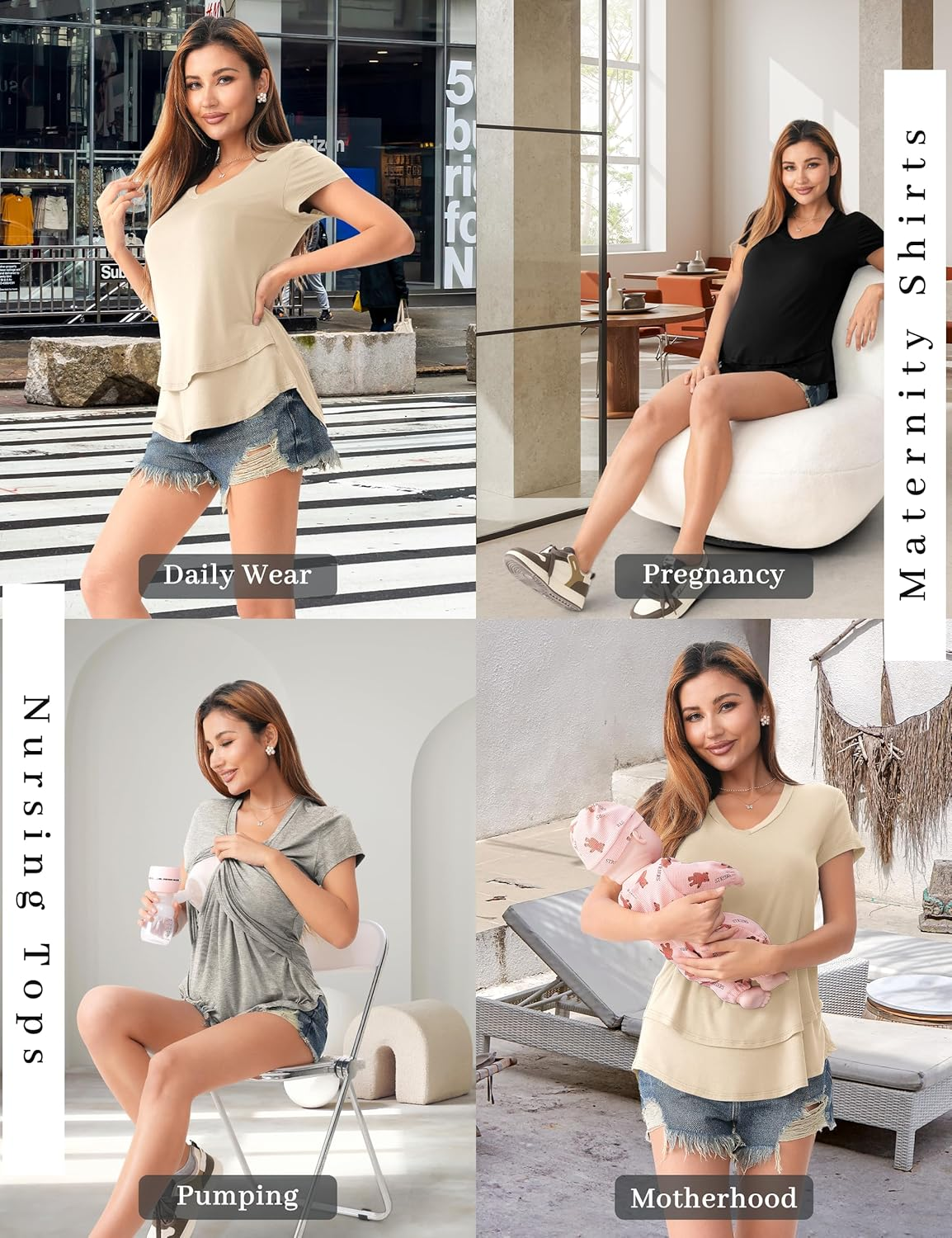 SUNNYBUY 3 Pack Hidden Nursing Tops for Breastfeeding Women Double Layer V Neck Maternity Shirts Postpartum Tee image number 2