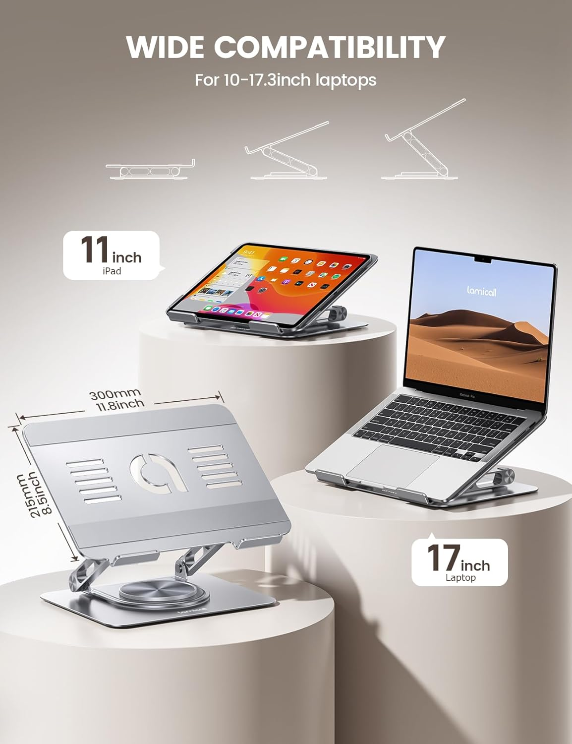 Lamicall Adjustable Laptop Stand for Desk with 360 Rotating Base, Ergonomic Computer Stand, Aluminum Laptop Riser Foldable Protable for Office Home Fits Macbook Air Pro, Dell, HP (10-17.3'') - Silver - Black image number 4