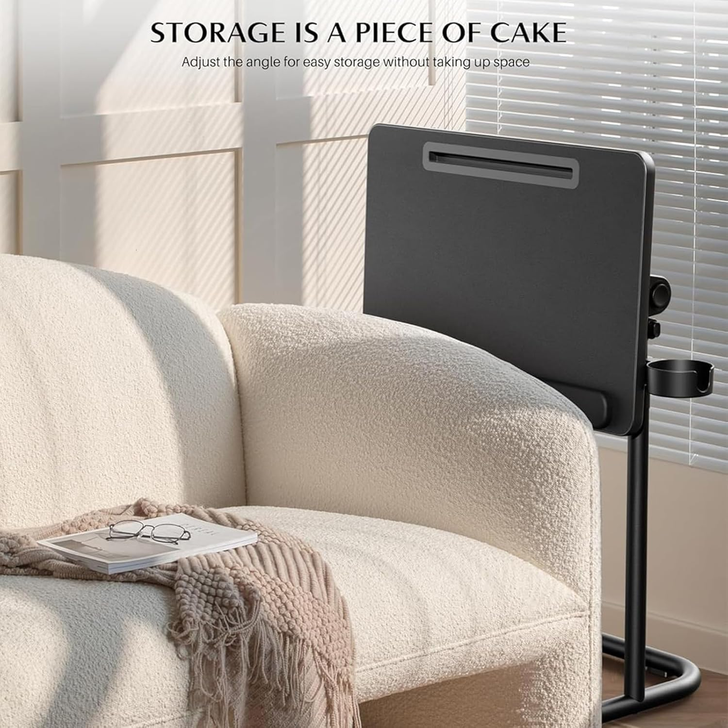 Portable Folding Snack Table with Adjustable Tray & Removable Cup Holder,Black image number 4