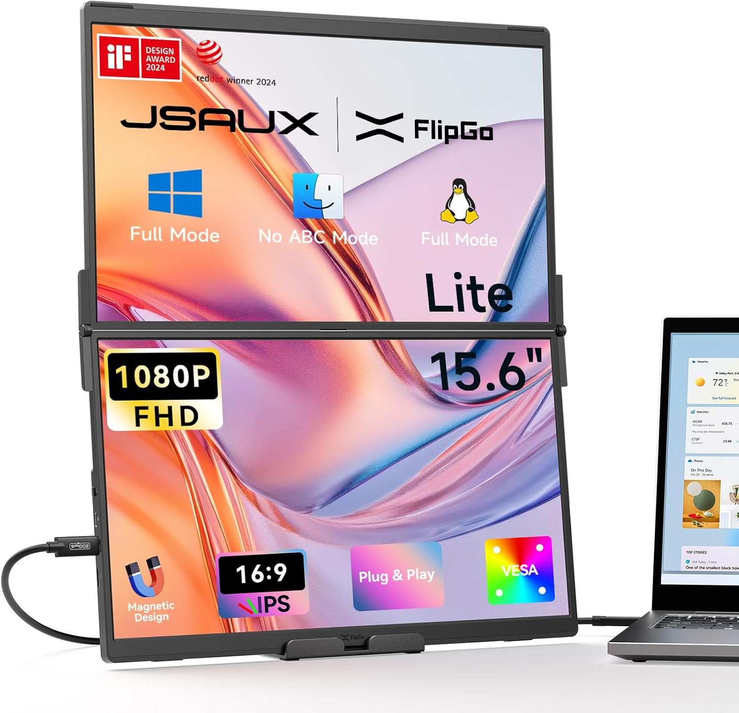 JSAUX Flipgo Lite 15.6" IPS Dual Stacked Portable Monitor, 1080P FHD Laptop Screen Extender with Built-In HUB, Magnetic Design, Single Cable for Triple Monitor Setup (Windows Only) image number 5