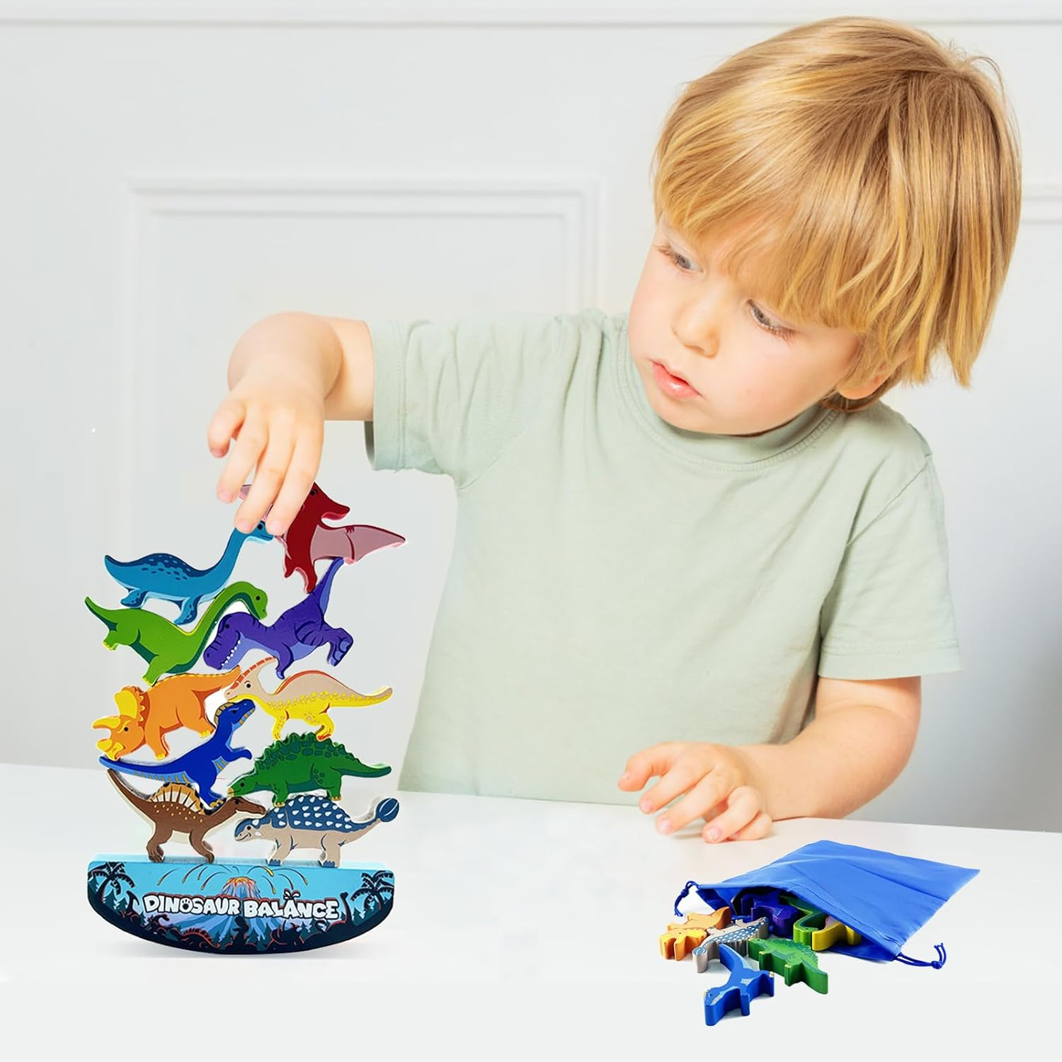 ZUNIPLEX Dinosaur Balance Stacking Toys,Wooden Montessori Toy,Board Games for Kids,Dinosaur Gifts for Boys Girls for 3-9 Years Old