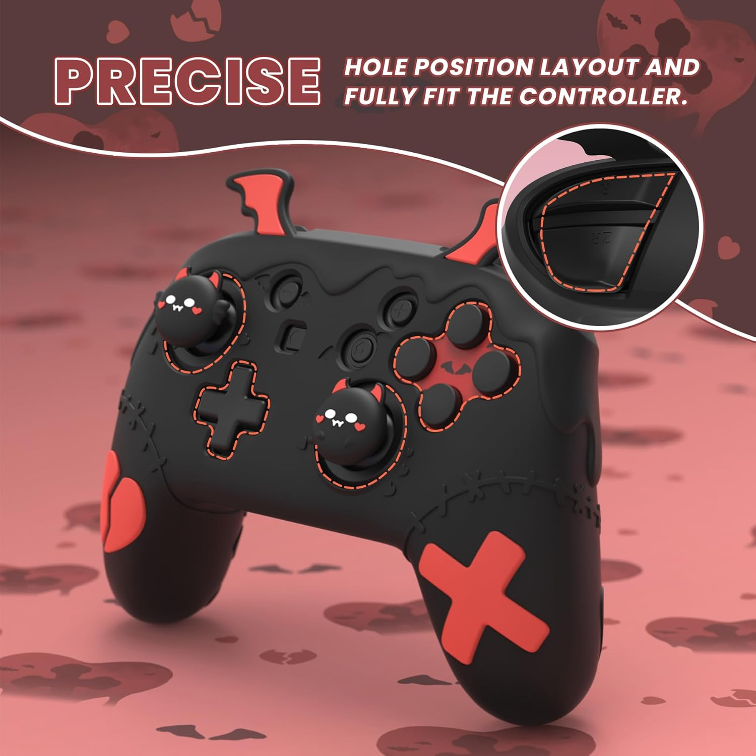 Playvital Gothic Imp Series Cute Silicone Case for Nintendo Switch Pro Controller with 4 Thumb Grip & 2 Sticker, Non-Slip Anti-Scratch Protective Silicone Skin Cover - Black - Black image number 6