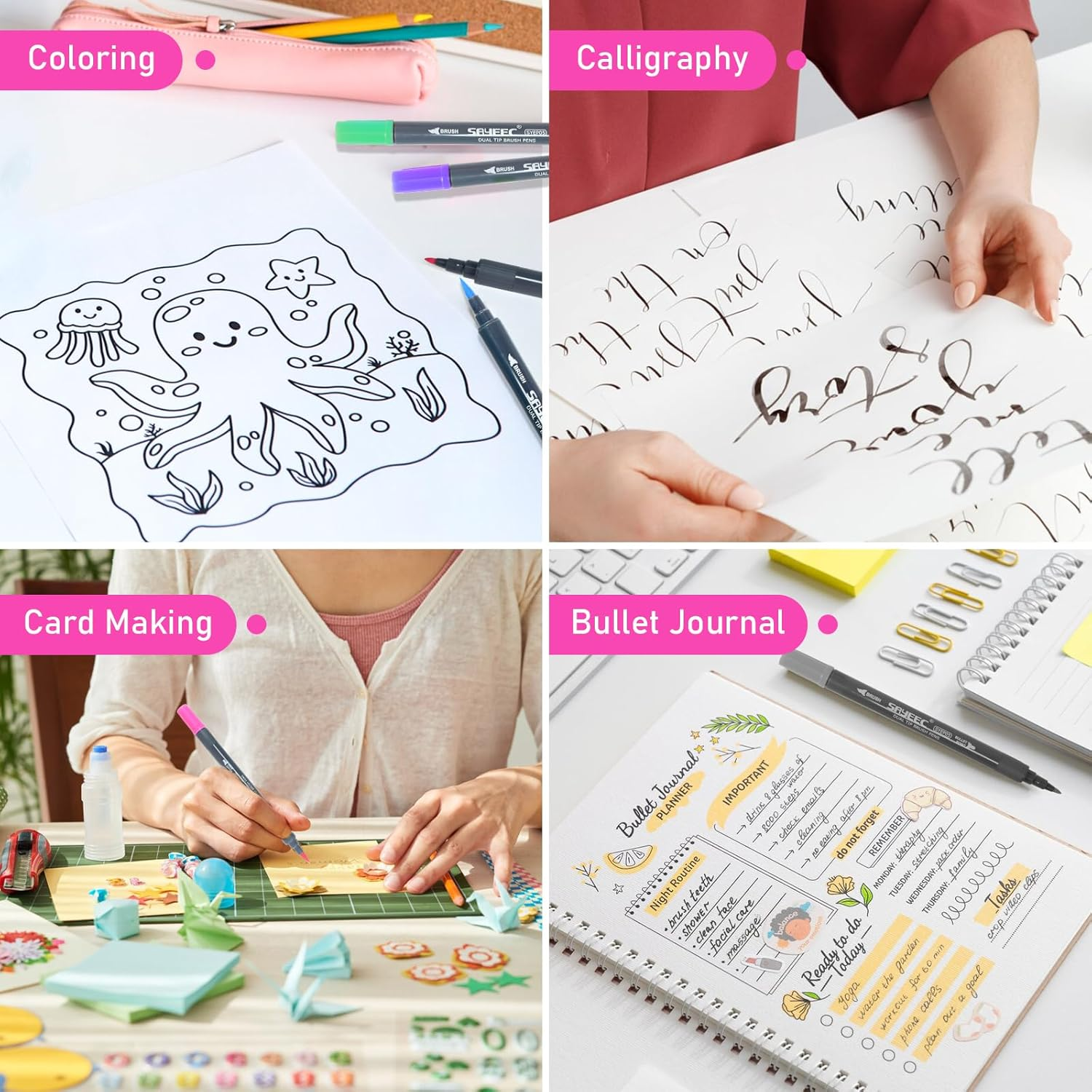 SAYEEC Watercolor Dual Brush Pens 24 Colors Art Coloring Markers Fine and Brush Tip Drawing Pens Artist Colored Markers for Adult Coloring Books Doodling Bullet Journaling Hand Lettering Calligraphy - 36 Pack image number 7