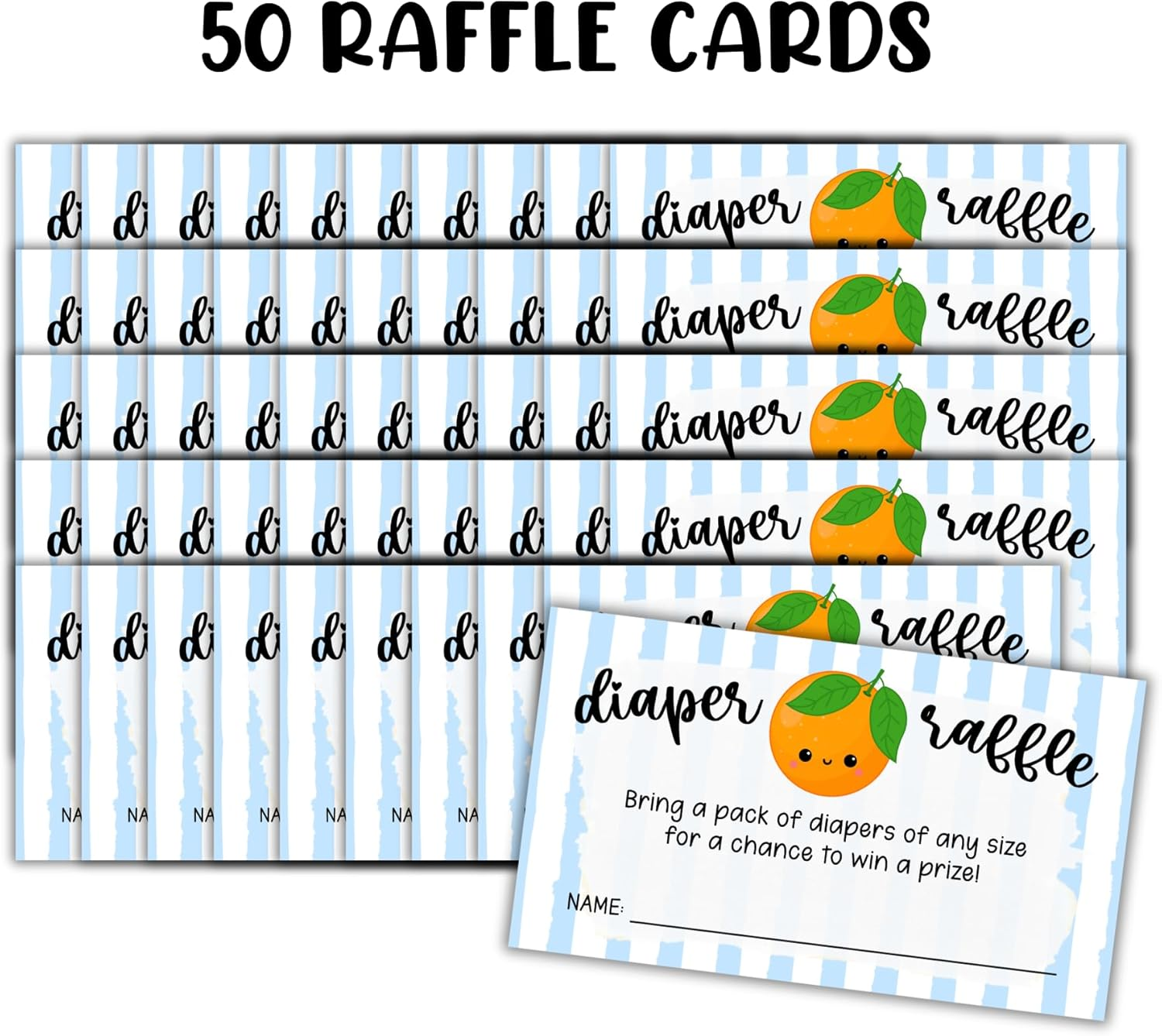 Little Cuties Oranges Diaper Raffle Tickets 50Pk 2X3.5&rdquo; Blue Stripes Books for Baby Sign Invitations Summer Matches Pop It When She Pops Inserts image number 4