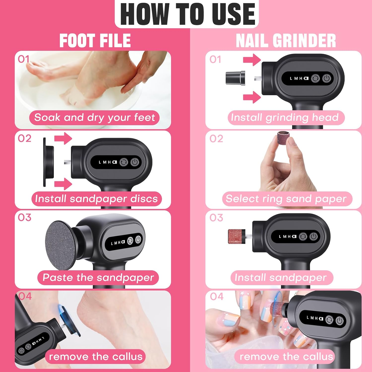2 in 1 Electric Foot File, Rechargeable & Adjustable Foot Callus Remover & Nail Grinder, with 40Pcs Sandpaper Discs, Electric Foot Hard Skin Remover for Feet Care Exfoliator (Black) image number 5