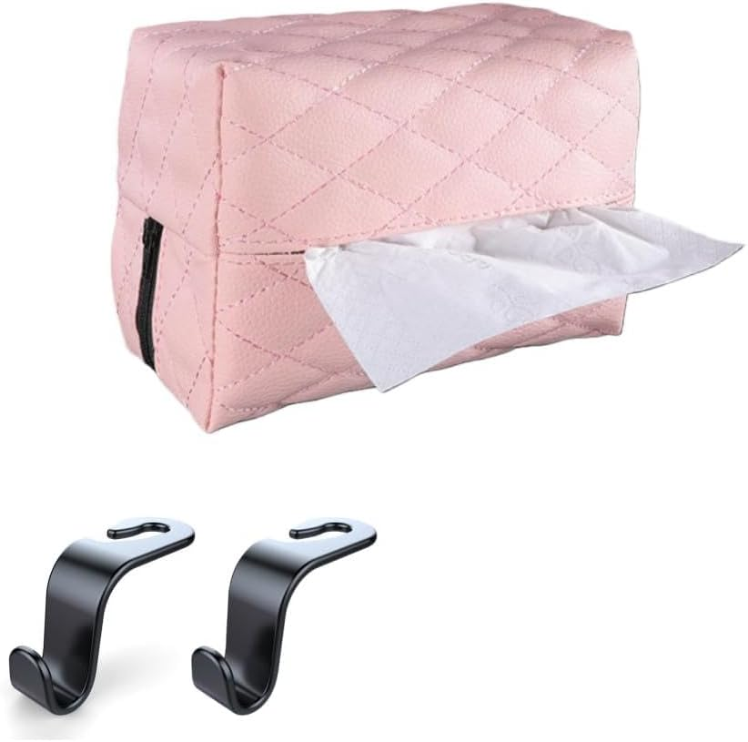 Car Tissue Holder Set, Leather PU Tissues Box Cover for Car Backseat Large Rectangle Napkin Holder Soft Rectangulars for Storage& Organization with 2Pcs Hooks