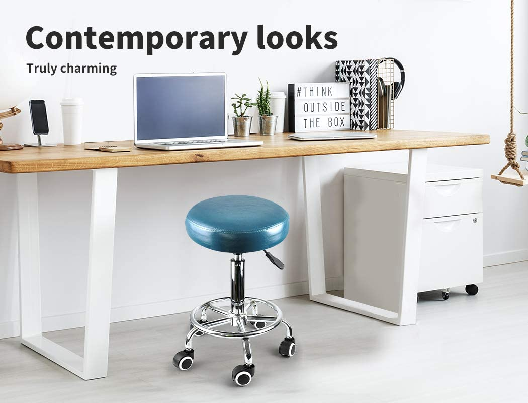 LEVEDE round 360&deg; Swivel Salon Stool, PU Leather 50-65Cm Height Adjustable Barber Stools, Rolling Chair for Home, Office, Spa, Lab (Teal)