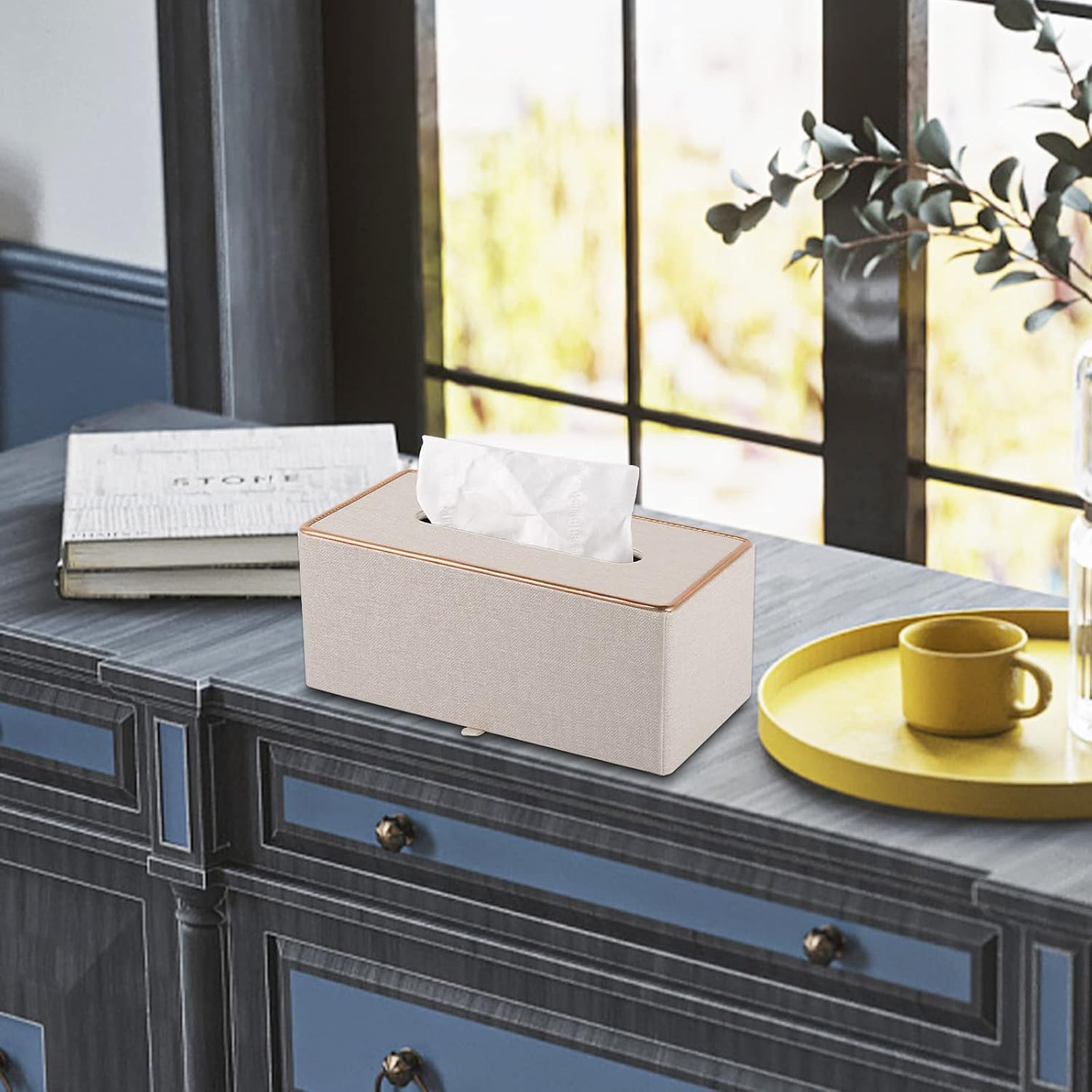 RHCSZ Fashion Leather Tissue Box Holder,Rectangular Tissue Box Cover for Bathroom Dresser Night Stand,Napkin Box Drawer Paper Dispenser,Home Office Car Tissue Holder with Magnetic Bottom (Beige) - Black Checkered image number 3