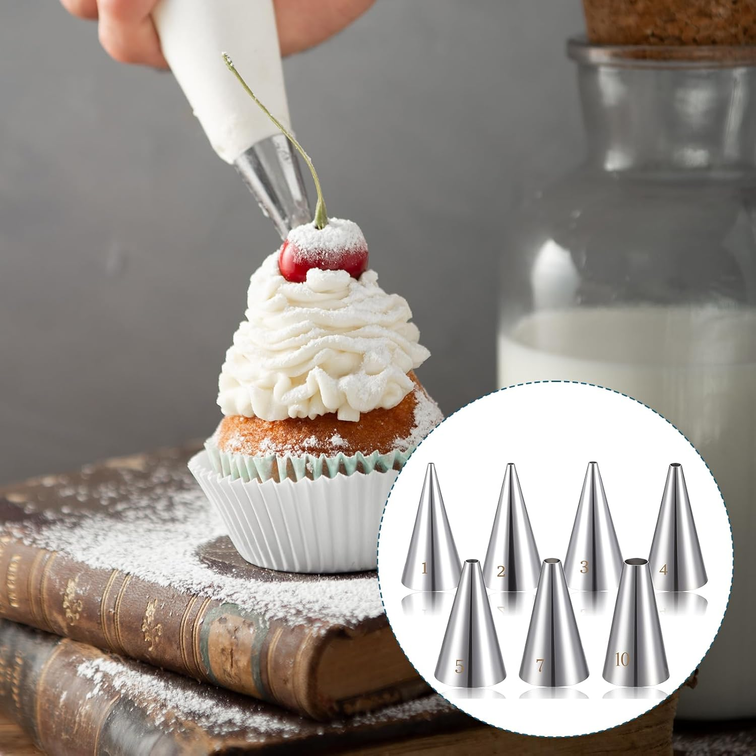 LXUEJIE 7 Pcs round Hole Piping Tips Set, Stainless Steel Cupcake Frosting Nozzles Professional Icing Dispensers Supplies Cake Decorating Tool for Baking Cookies Puff Doughnut Cream Bag Filler image number 5