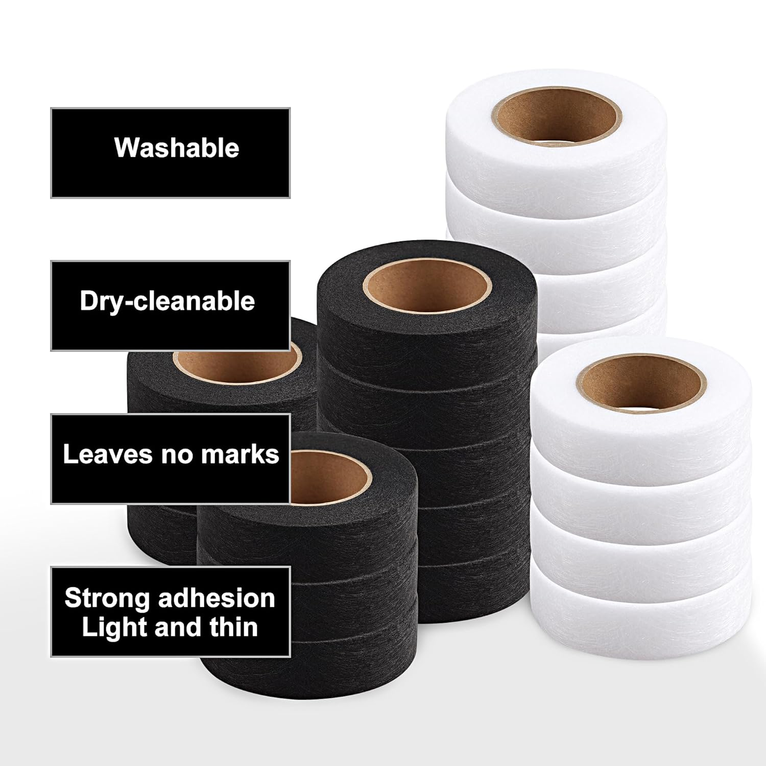 JUNART 2Pcs 2Cm&times;24M Hemming Tape Iron on Hemming Tape,Fabric Fusing Tape, Adhesive Double Sided Hem Tapes for Repair Curtains,Pants,Skirts,Jeans,Fabric Clothes with Tape Measure(Black)