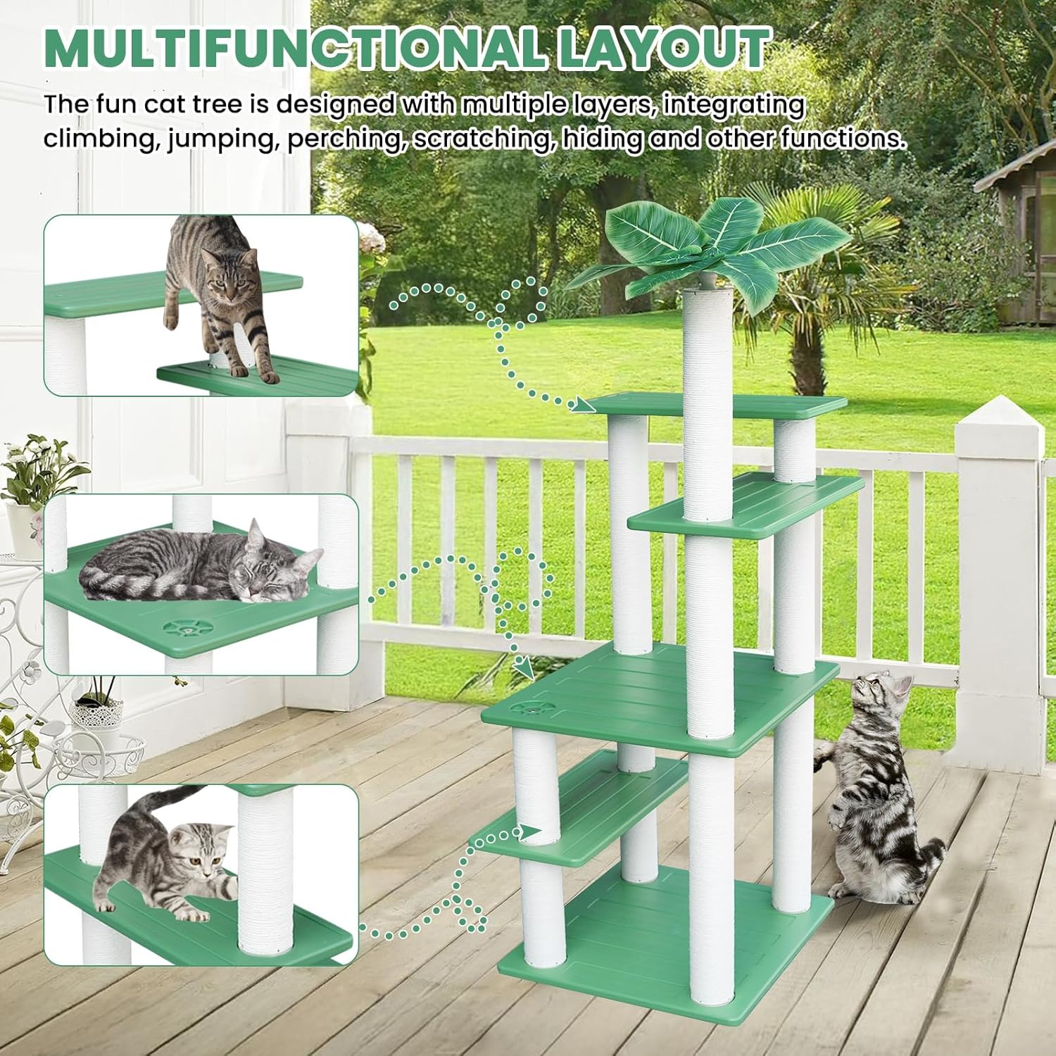 MAOHEGOU 56 Inches Large Outdoor Waterproof Cat Tower, Multi-Level Cat Tree, for outside and Indoor Cats, with PVC Board and Cat Scratching Posts image number 6