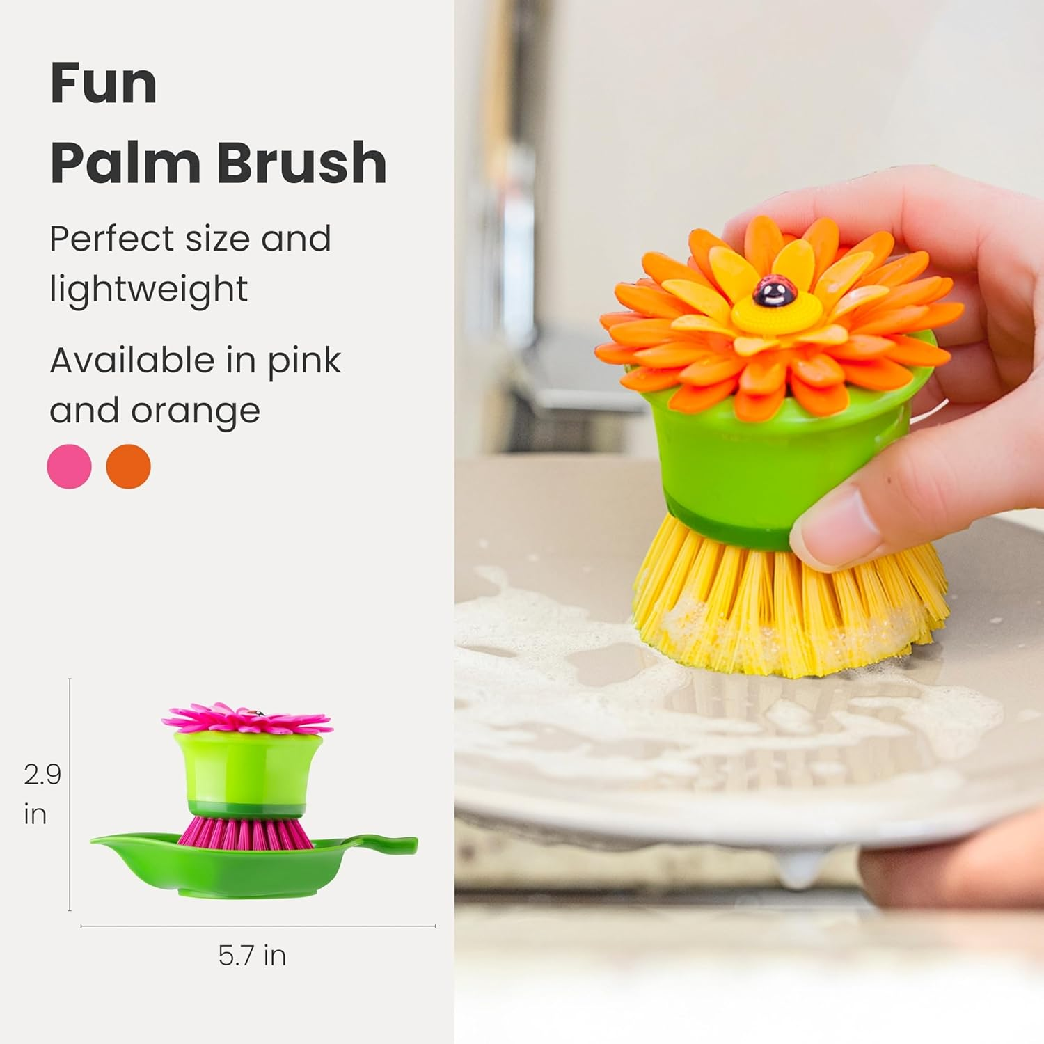 Vigar Flower Power Palm Dish Brush with Holder, Orange (2 Pieces) image number 5