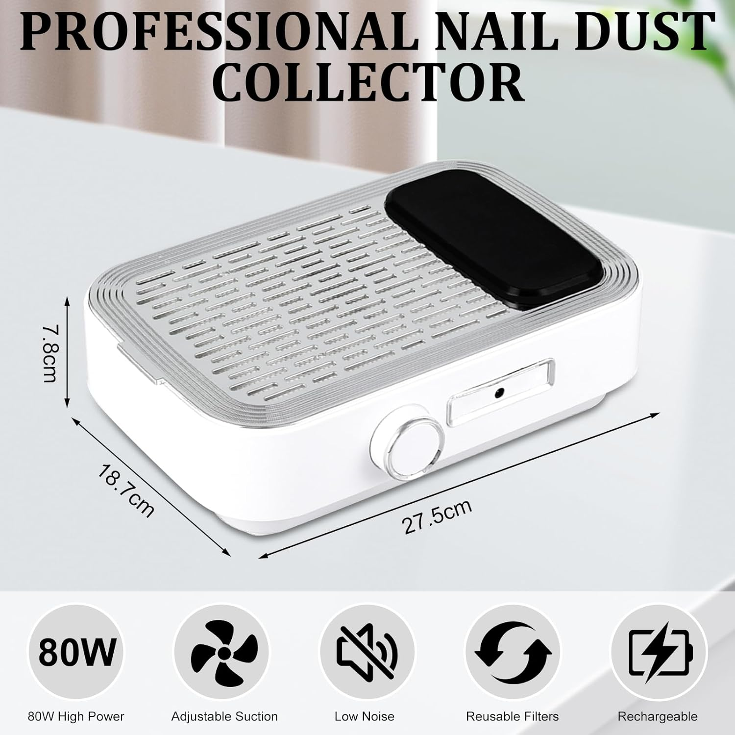 Bouzaak Rechargeable Nail Dust Collector 80W Nail Extractor Vacuum Fan for Acrylic Gel Nail Polishing Nail Salon (White) image number 1