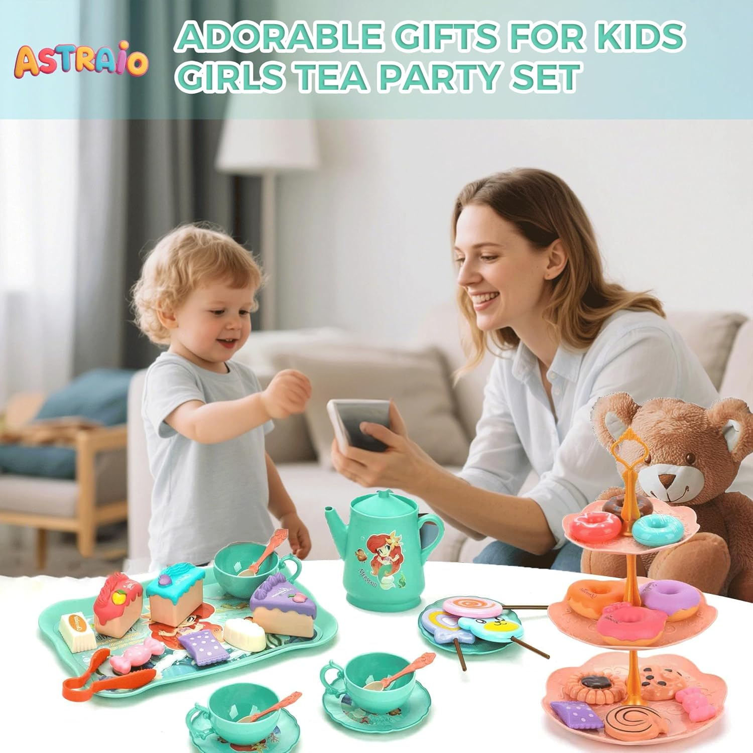 Mermaid Tea Party Set for Little Girls, 44PCS Food Sweet Treats Playset for Princess Tea Time Play Kitchen Toys Birthday Gifts for Age 3 4 5 6 Year Old Girls,Pretend Tin Teapot, Cups, Plates image number 2