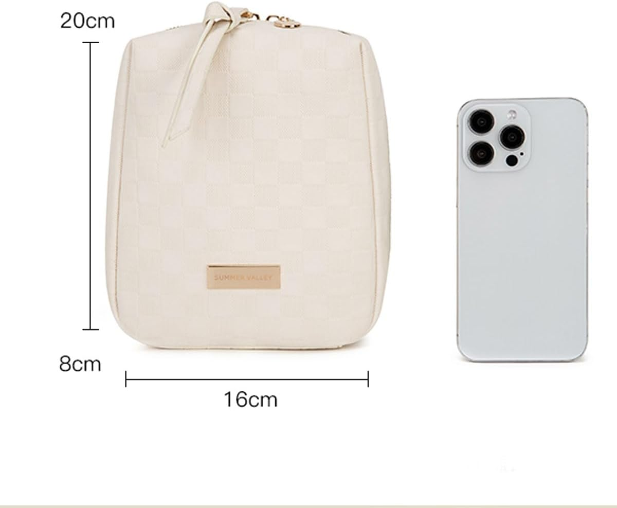 DDPOND Elegant Portable Plaid Cosmetic Bag for Women with Compartments Large Capacity Travel Makeup Bag for Purse (Pink)