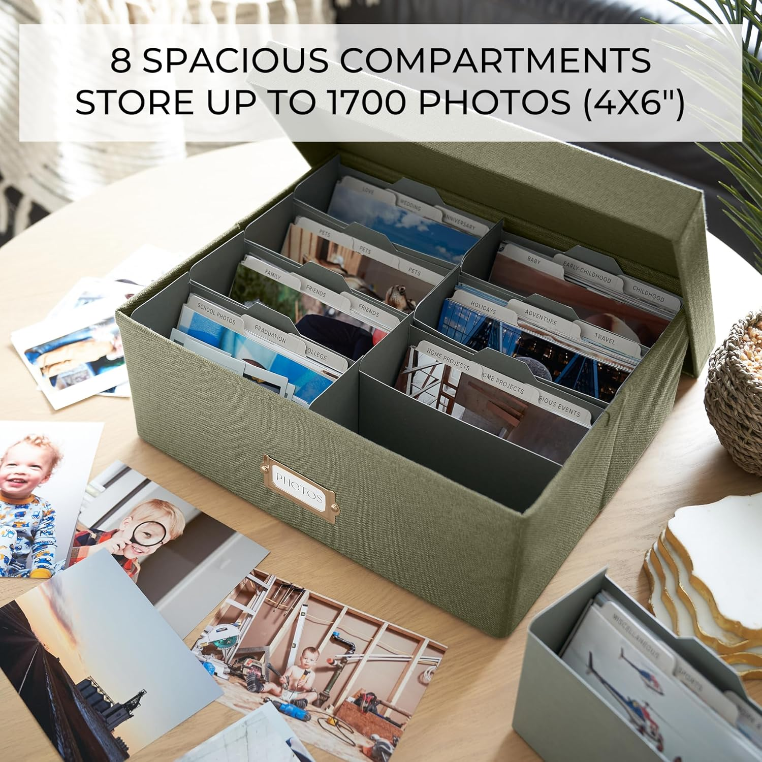 ZICOTO Decorative Photo Storage Box - Sturdy Linen Photo Organizer with Dividers Is Perfect to Store up to 1700 Pictures and 4X6 Photos - Portable Scrapbook Storage Containers with Lid - Sage image number 2