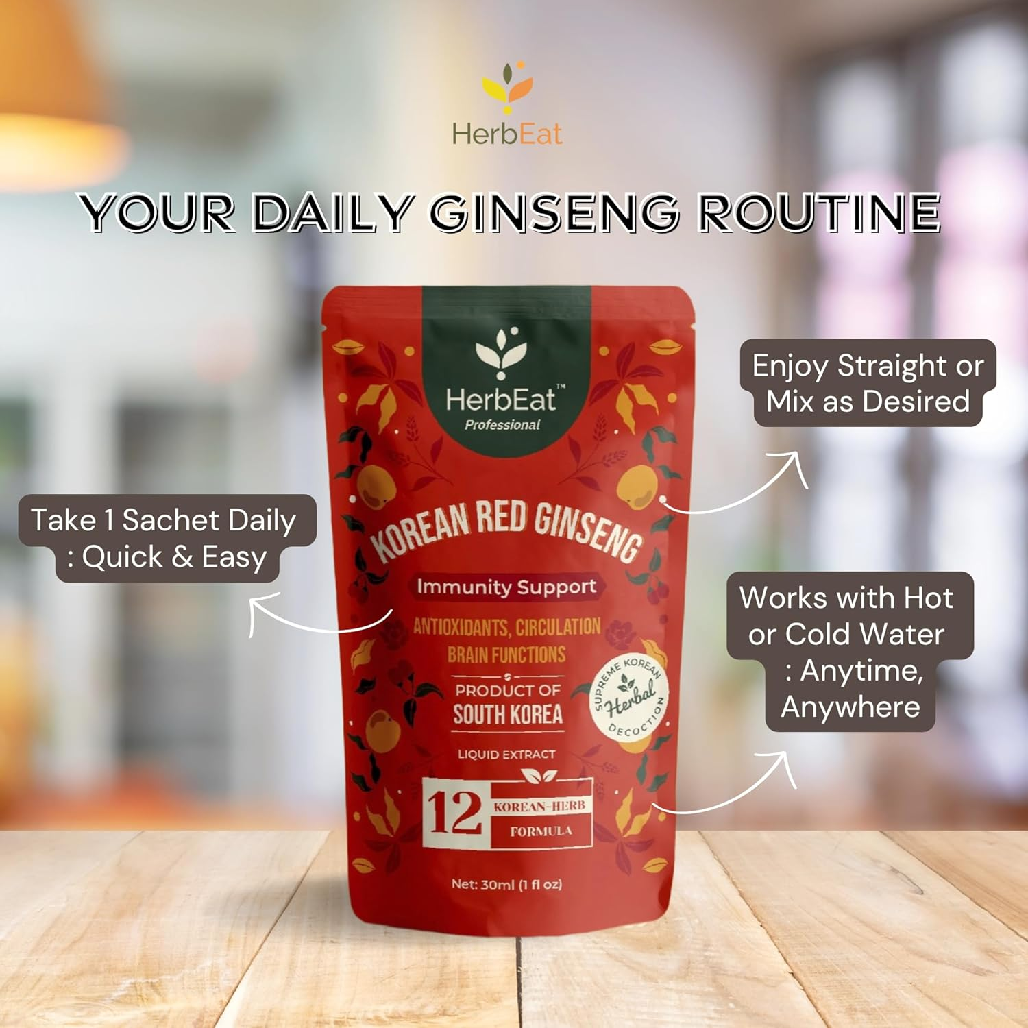 Korean Red Ginseng Prime Extract with 11Mg Ginsenosides - Boost Energy, Memory & Immunity, 6-Year-Old Ginseng Drink for Circulation & Skin (5 Pouches (30Ml *5)) image number 4