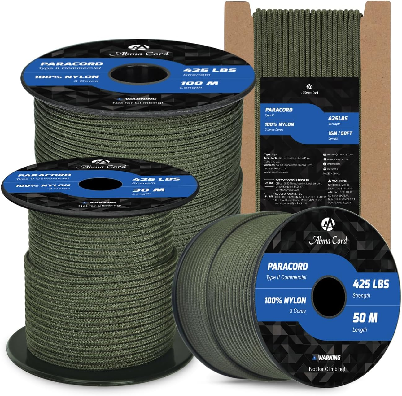 Abma Cord Paracord 3Mm 30M 100% Nylon Rope Type II 3 Strands Parachute Cord - Max. 192Kg (425Lbs) - White