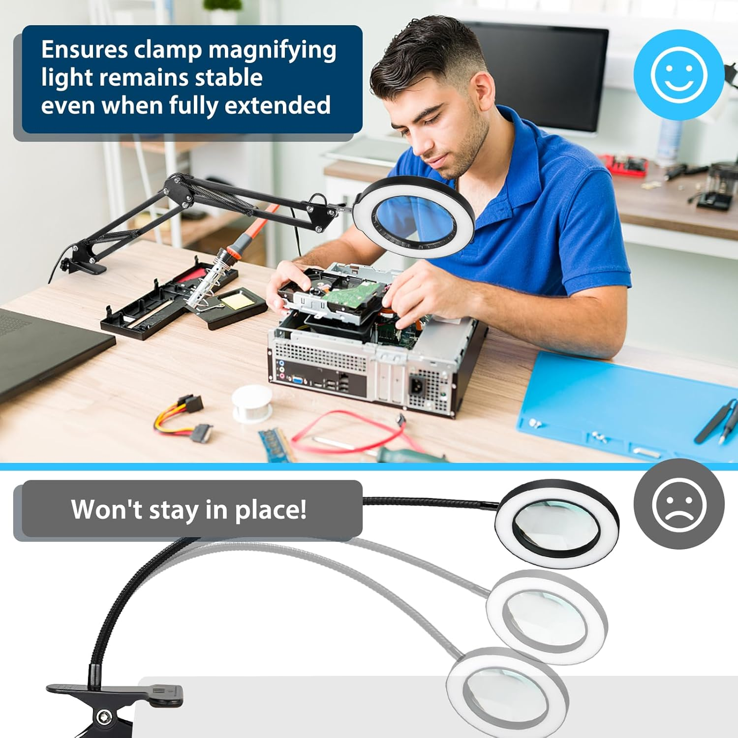 10X Magnifying Glass with Light and Clamp, 5 Color Modes Stepless Dimmable Real Glass Lighted Magnifier, Hands Free LED Magnifying Desk Lamp for Painting Craft Close Work Reading Repairing image number 3