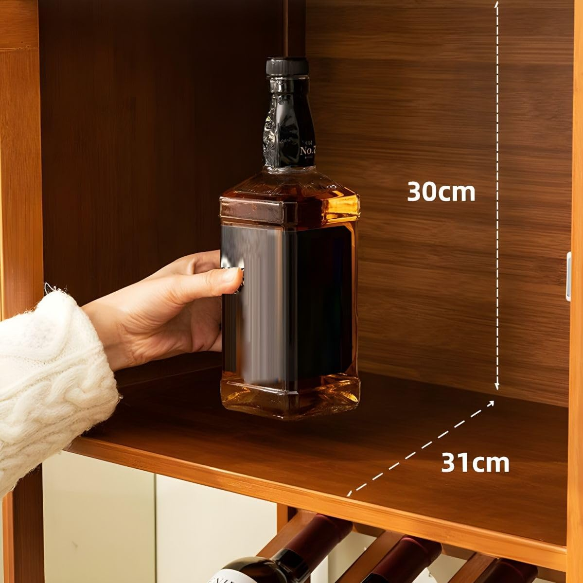 MOMOGEE Bamboo Wine Rack Cabinet 10 Bottles Freestanding Wine Glass Champagne Holder with Door Liquor Storage Display Stand for Living Room Bar Kitchen image number 4