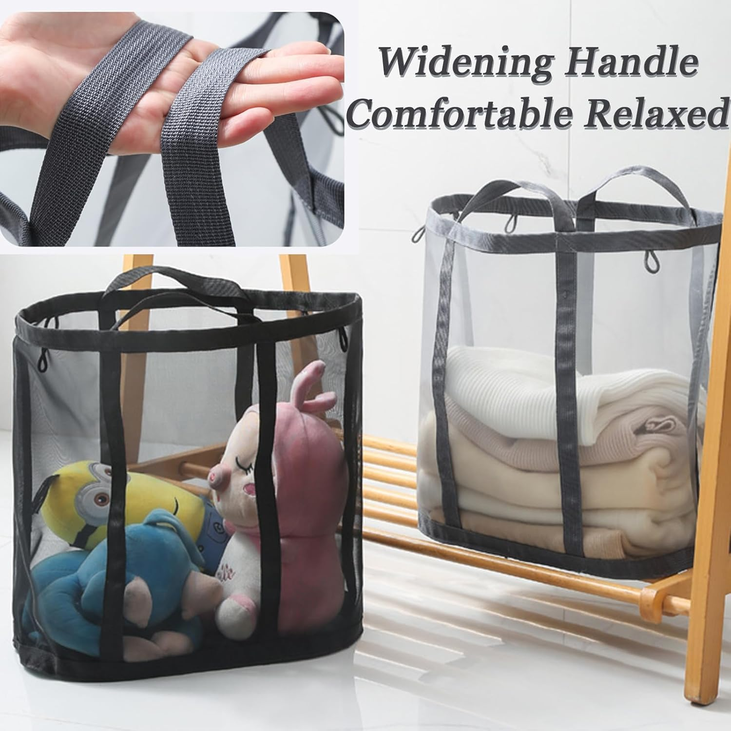 Foldable Mesh Laundry Hamper Bag with Handles - Breathable Collapsible Clothes & Toy Storage Basket for Bathroom, Bedroom, Beach, Travel (Grey) image number 6