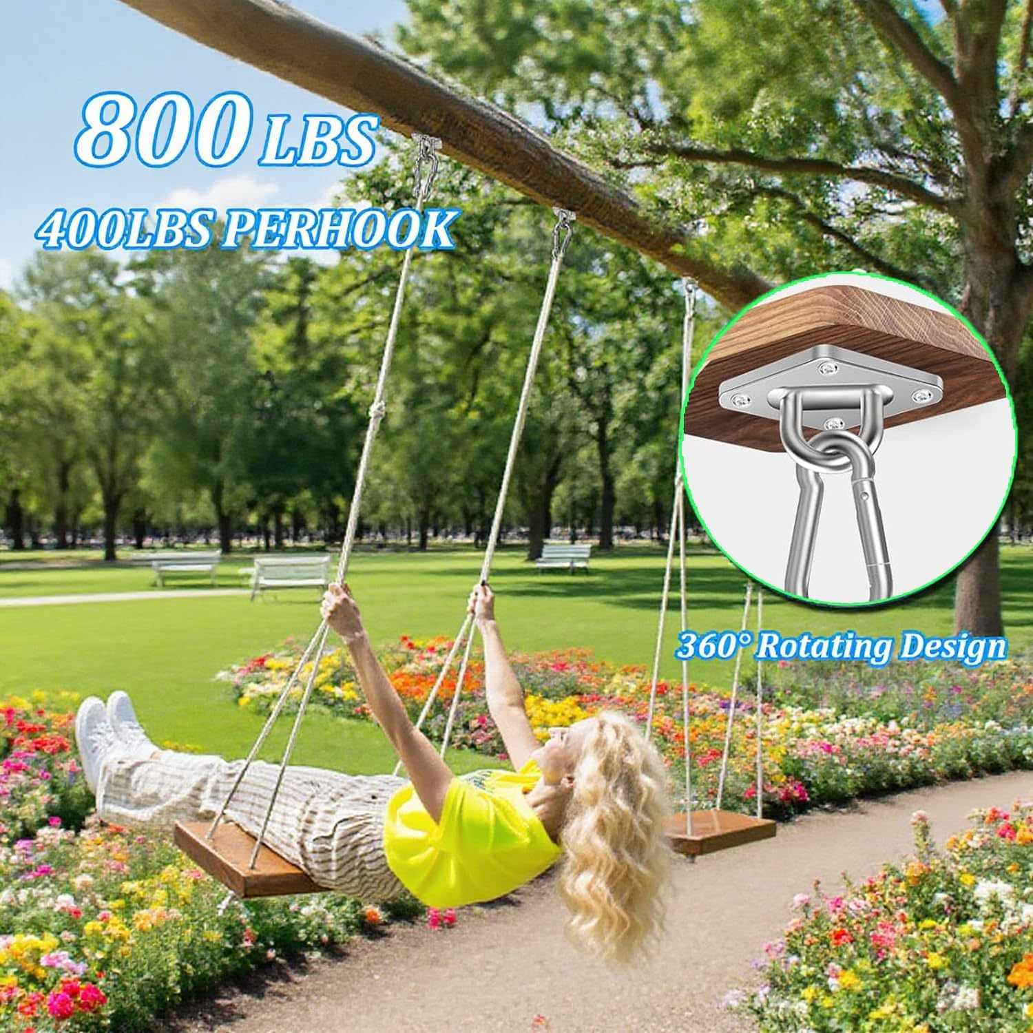 Xinghonyac 2 Pack Heavy Duty Hammock Hanging Kit, Stainless Steel 360&deg; Rotation Rustproof Hammock Hooks for Stand, Wall, Ceiling, Tree Swing, Hammock Chair, Indoor Outdoor Use image number 6