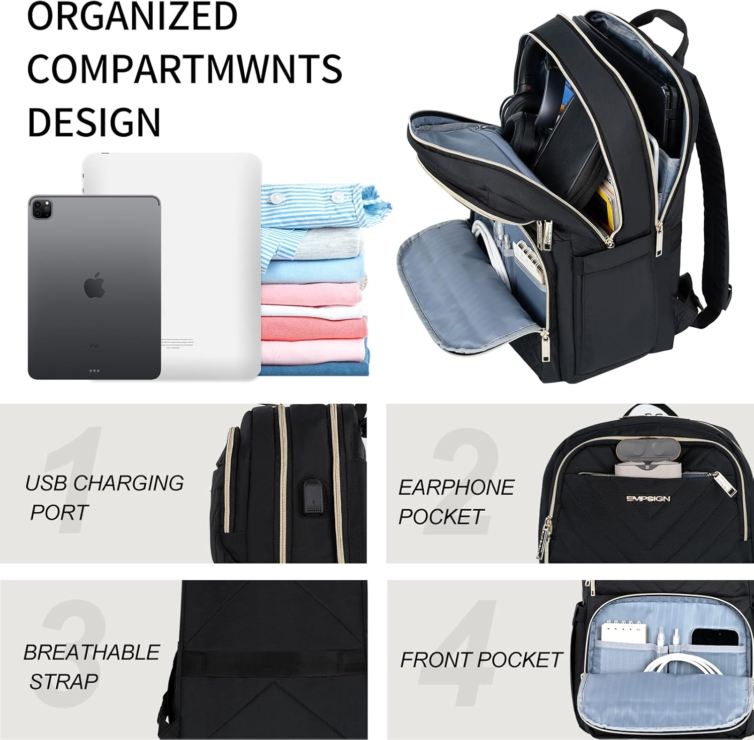 EMPSIGN Laptop Backpack Purse for Women and Men with USB Charging Port, 15.6 Inch Travel Water Resistant Quilted Backpack, High-Capacity 30L Work Business Computer Backpack image number 4