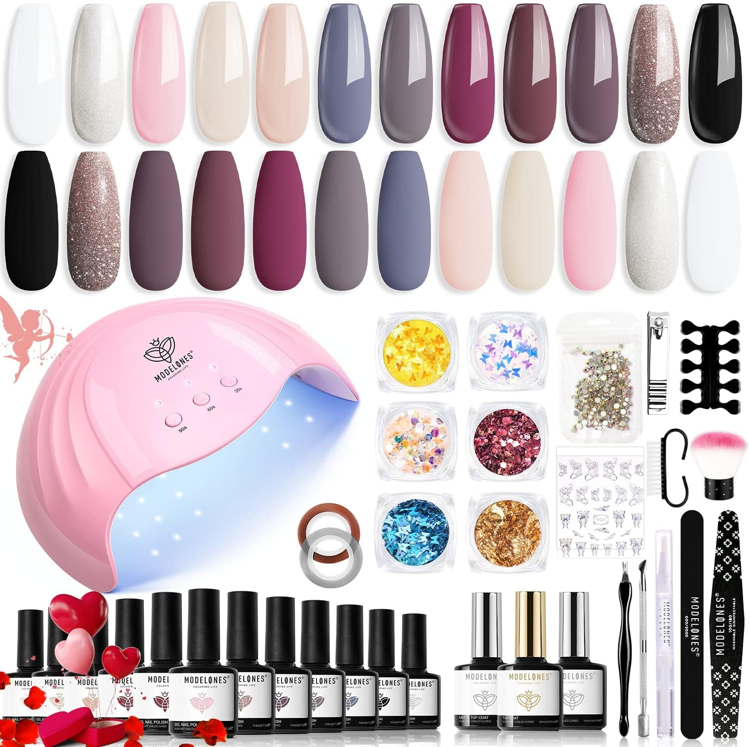 Modelones 12 Colors Gel Nail Polish Kit with U V Light 48W Nail Lamp Red Nude Gray Gel Polish Kit Gel Base and Top Coat Nail Glitters Striping Tapes Rhinestones Manicure Tools Salon Sets