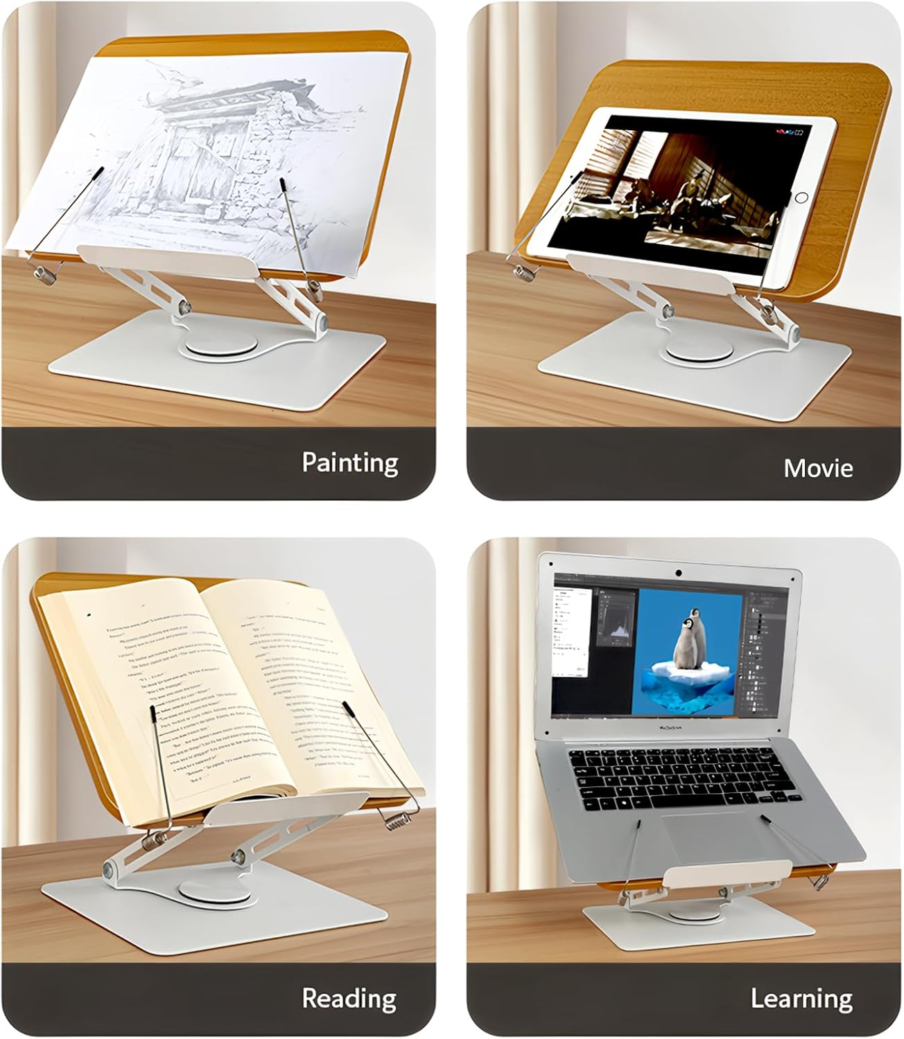 Book Stand for Reading, Adjustable Book Holder with 360&deg; Rotating Base, Foldable Cookbook Stand Recipe Book Holder with Elastic Page Clips for Music Scores, Recipe, Magazines, Tablet, Laptops (Silver) image number 4