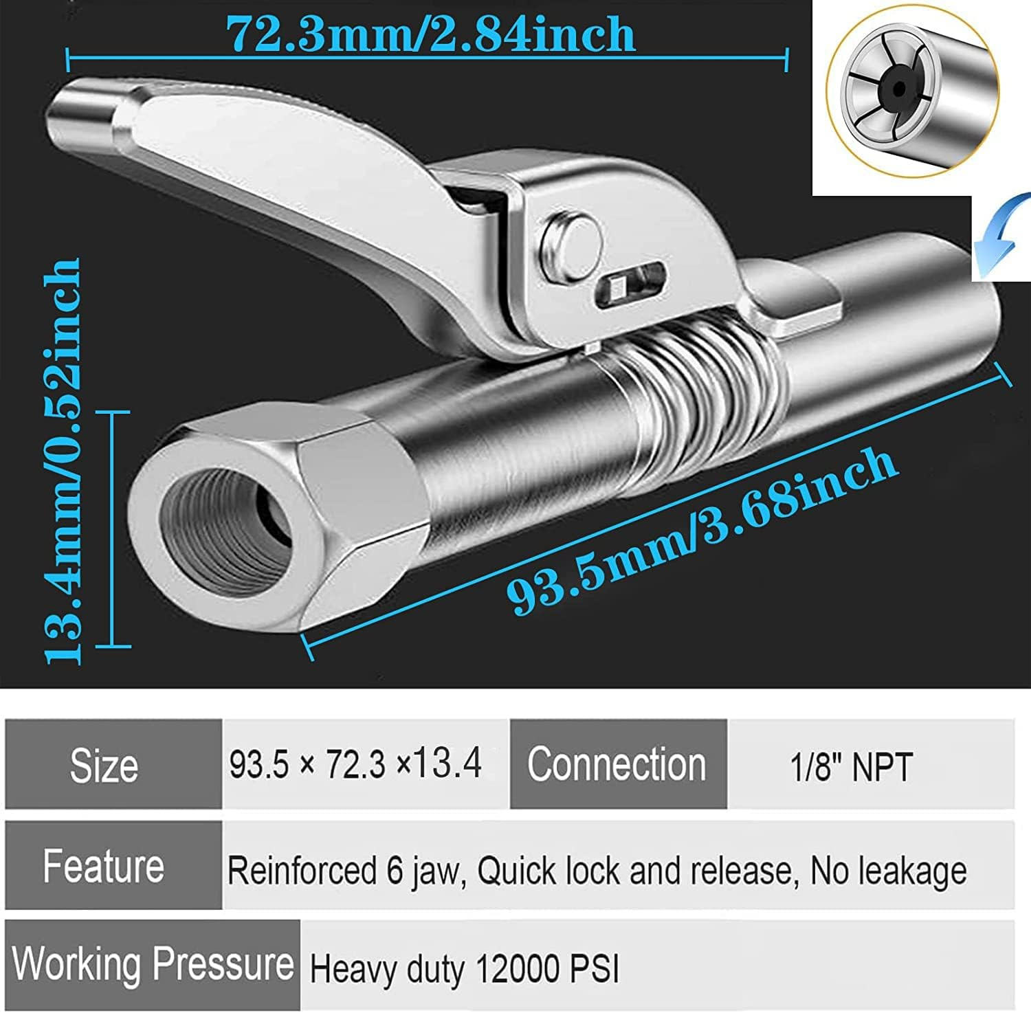 YUENTOEN Grease Gun Coupler, High Pressure Grease Nipple, Heavy-Duty Quick Lock and Release Grease Coupler, Rated 12000 PSI, Compatible with All Grease Guns 1/8" NPT Grease Gun Fittings image number 4