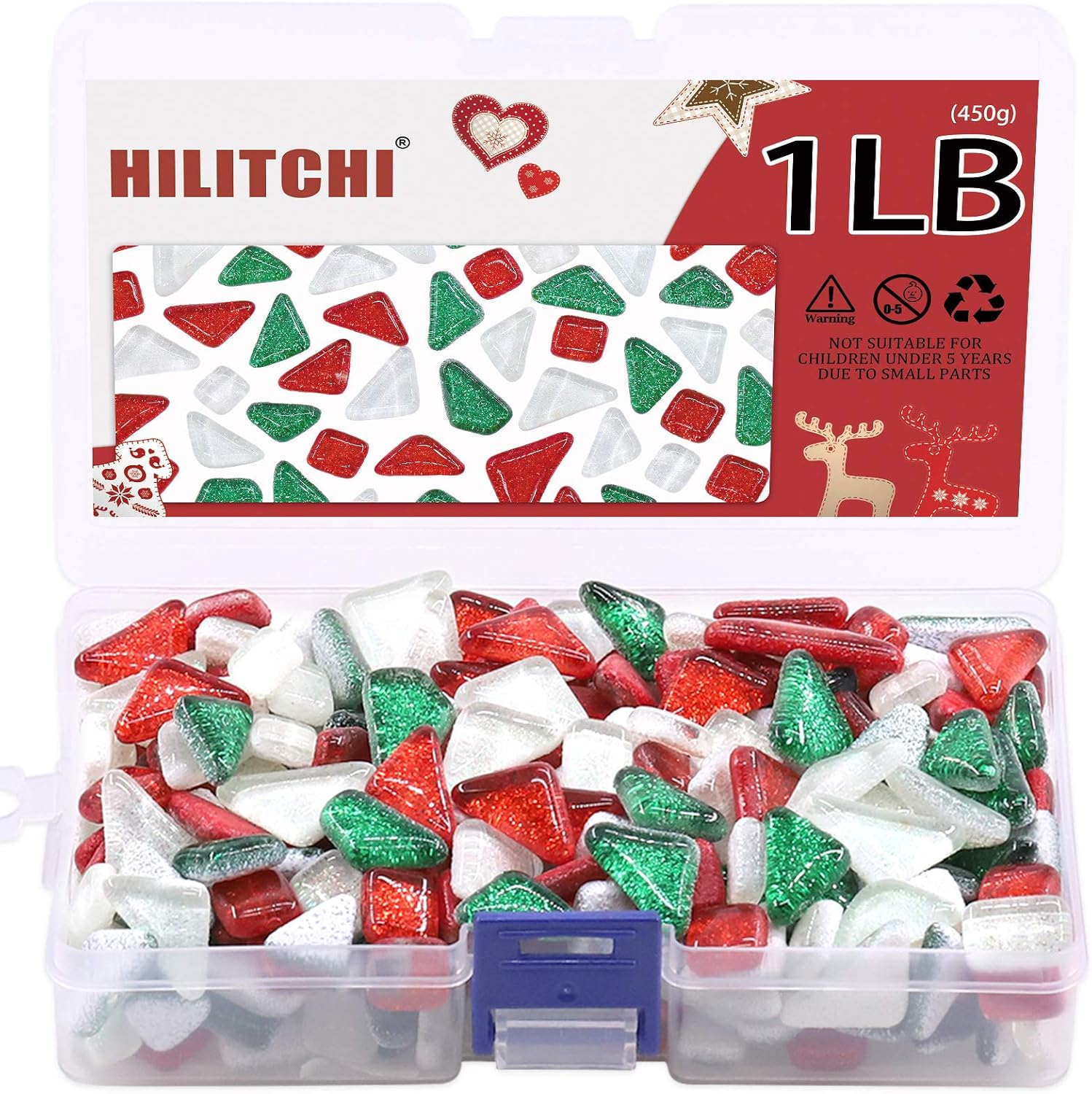 Hilitchi 1Lb 3 Colors Mosaic Tiles Assorted Stained Glass Mosaic Tile Glass Pieces Arts and Crafts Gifts, Ideal for Handmade Gift Mosaic Candle Holder- Red Green White Mosaic Tile
