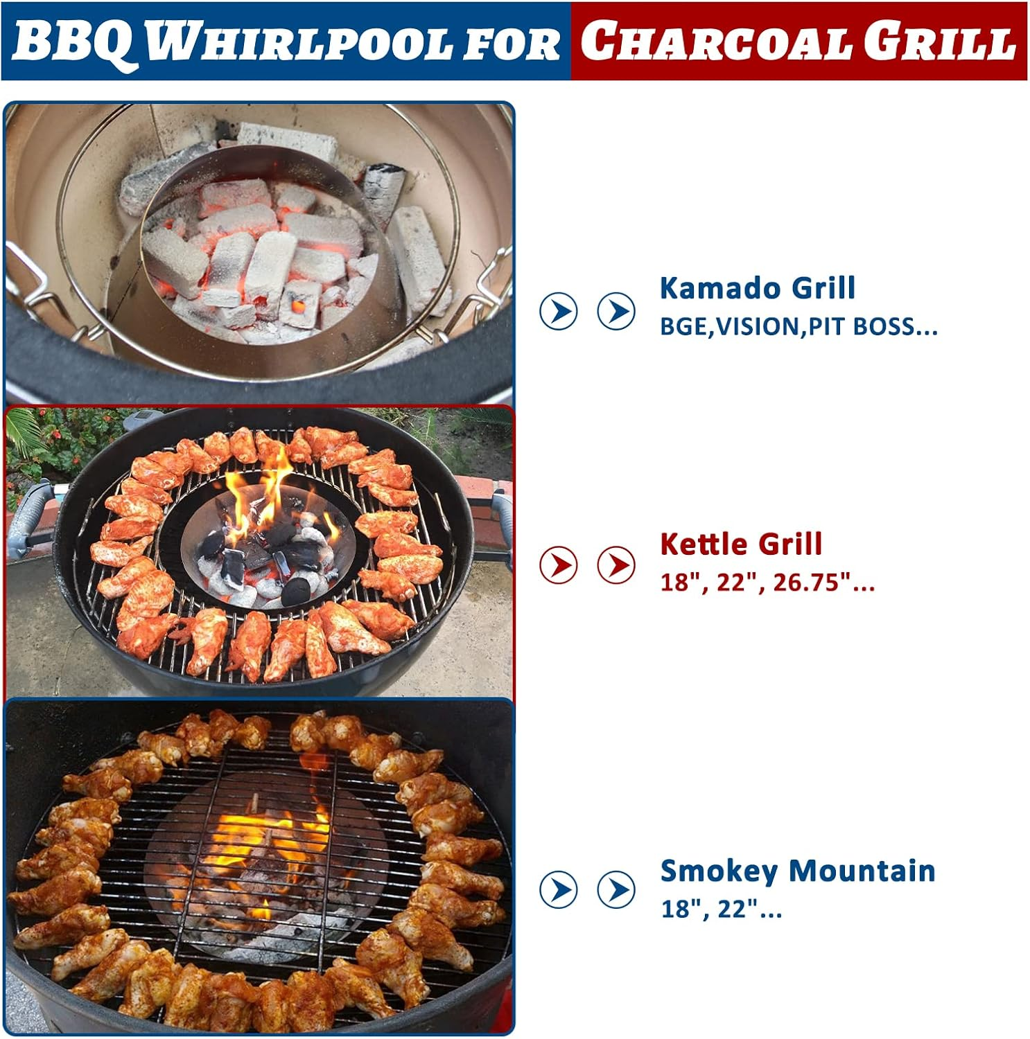 BBQ Stainless Steel Whirlpool Fit for Weber Kettle WSM Smokey Mountain AMD XL Kamado Big Green Egg Grill image number 4