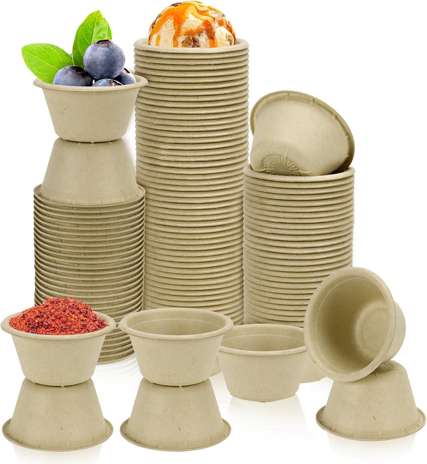 Leonbach 100 Pack Natural Bagasse Fiber Bowls 2Oz Disposable Paper Cups Microwavable Safe Sample Snack Charcuterie Serving for Sauce Portion Ice Cream Pet Food Desserts image number 6