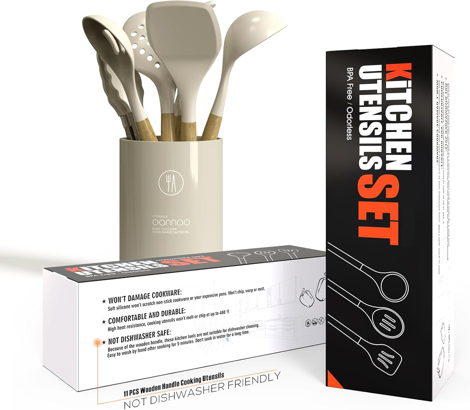 Silicone Cooking Utensils Set - 446&deg;F Heat Resistant Silicone Kitchen Utensils for Cooking,Kitchen Utensil Spatula Set W Wooden Handles and Holder, BPA Free Gadgets for Non-Stick Cookware (Khaki) - Navy Blue image number 3