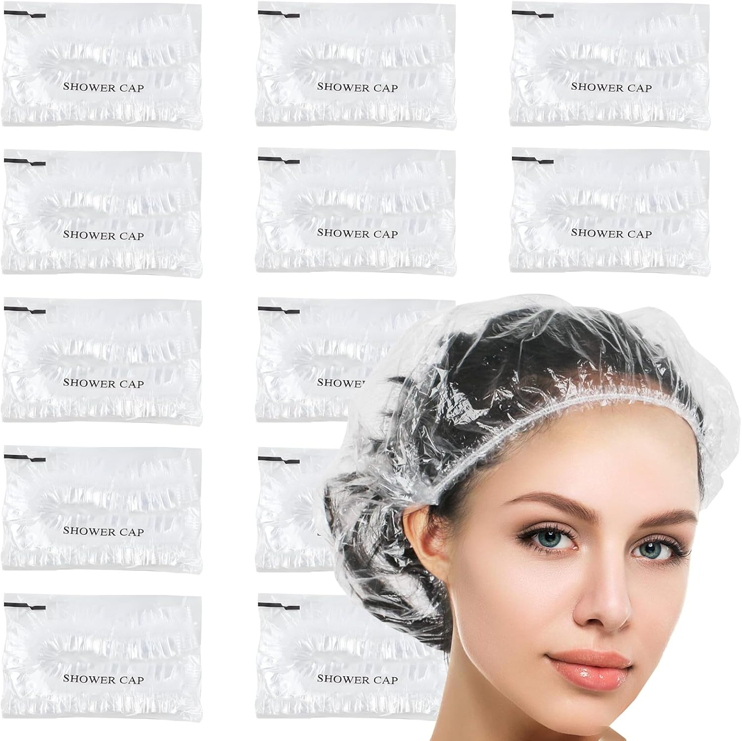 Disposable Shower Caps 100Pcs - Individually Wrapped Shower Caps Large&Thick Waterproof Clear Plastic Elastic Hair Bath Caps for for Women Spa Home Hotel Hair Salon Portable Travel image number 2