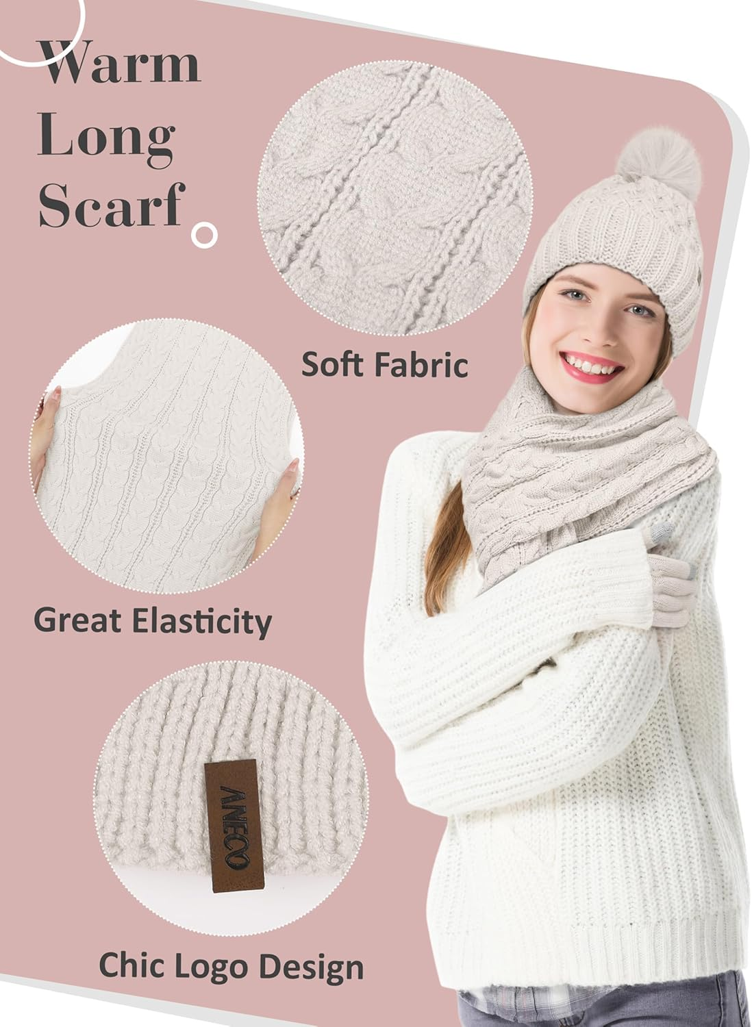 Aneco Women Winter Touchscreen Gloves Scarf Beanie Hat with Pom Pom Fleece Lined Set Thick Warm Knit Cap 3-In-1 Set image number 5